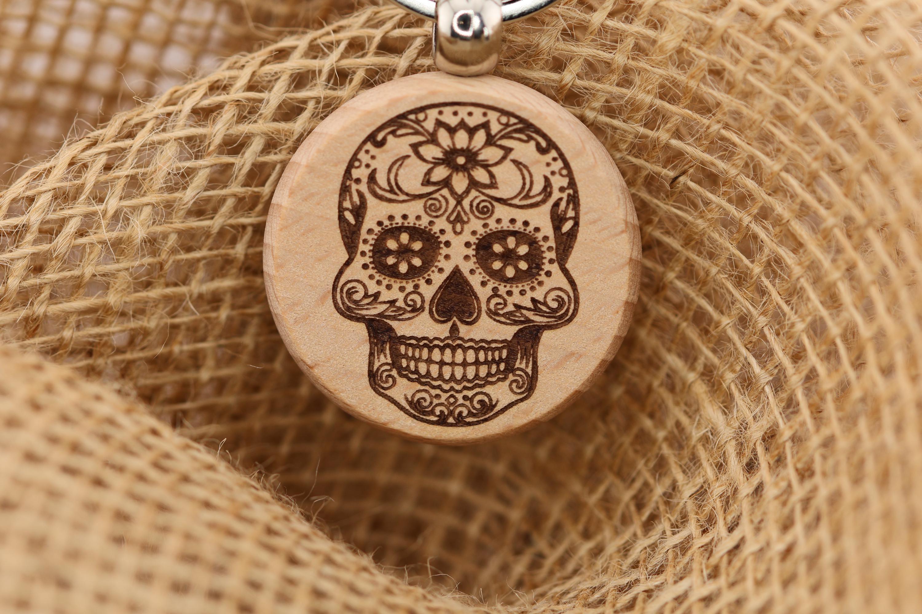 Sugar skull keychain / bag charm – double-sided laser engraved wood with stainless steel keyring, day of the dead gift