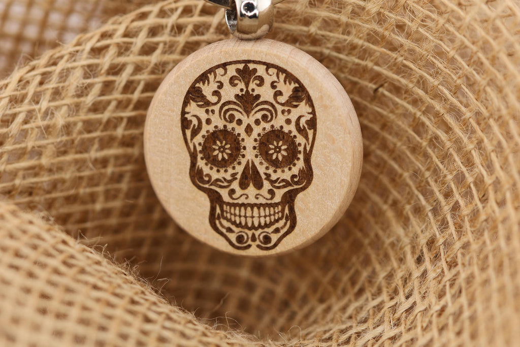 Sugar skull keychain / bag charm – double-sided laser engraved wood with stainless steel keyring, day of the dead gift