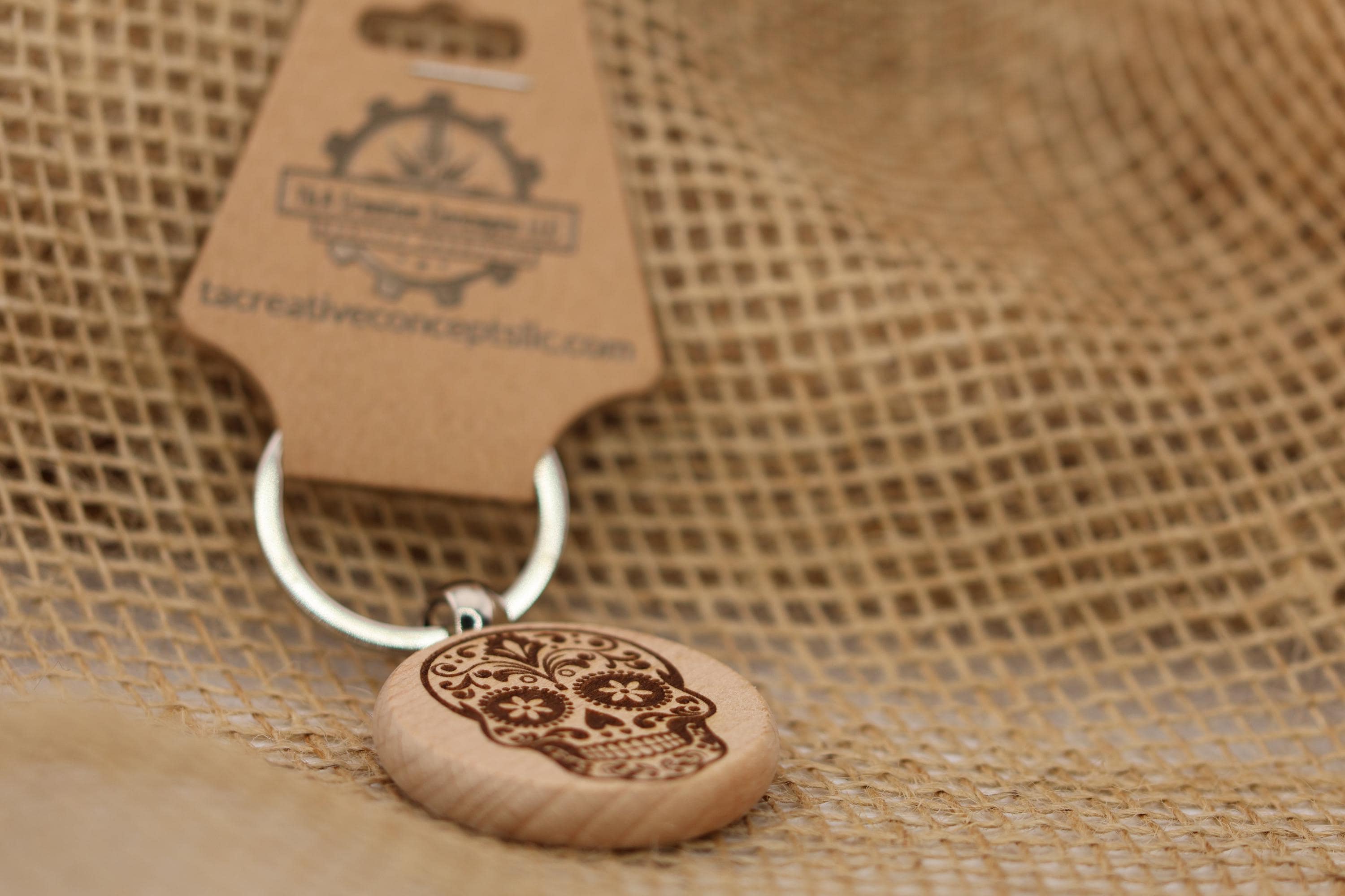 Sugar Skull keychain / bag charm – double-sided laser engraved wood with stainless steel keyring, day of the dead gift