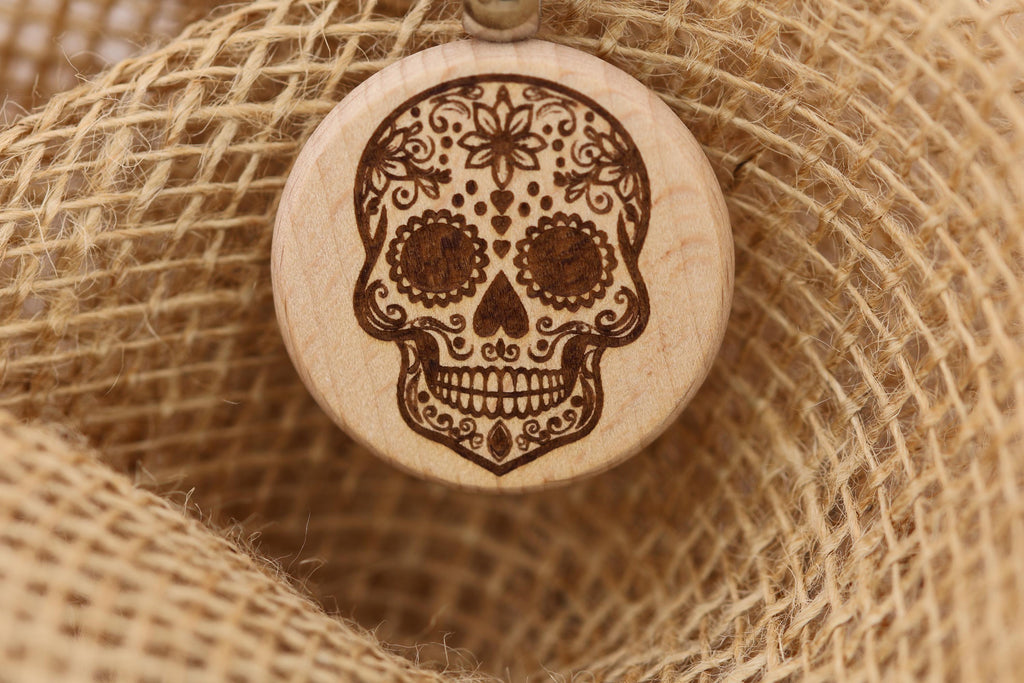 Sugar skull keychain / bag charm – double-sided laser engraved wood with stainless steel keyring, day of the dead gift