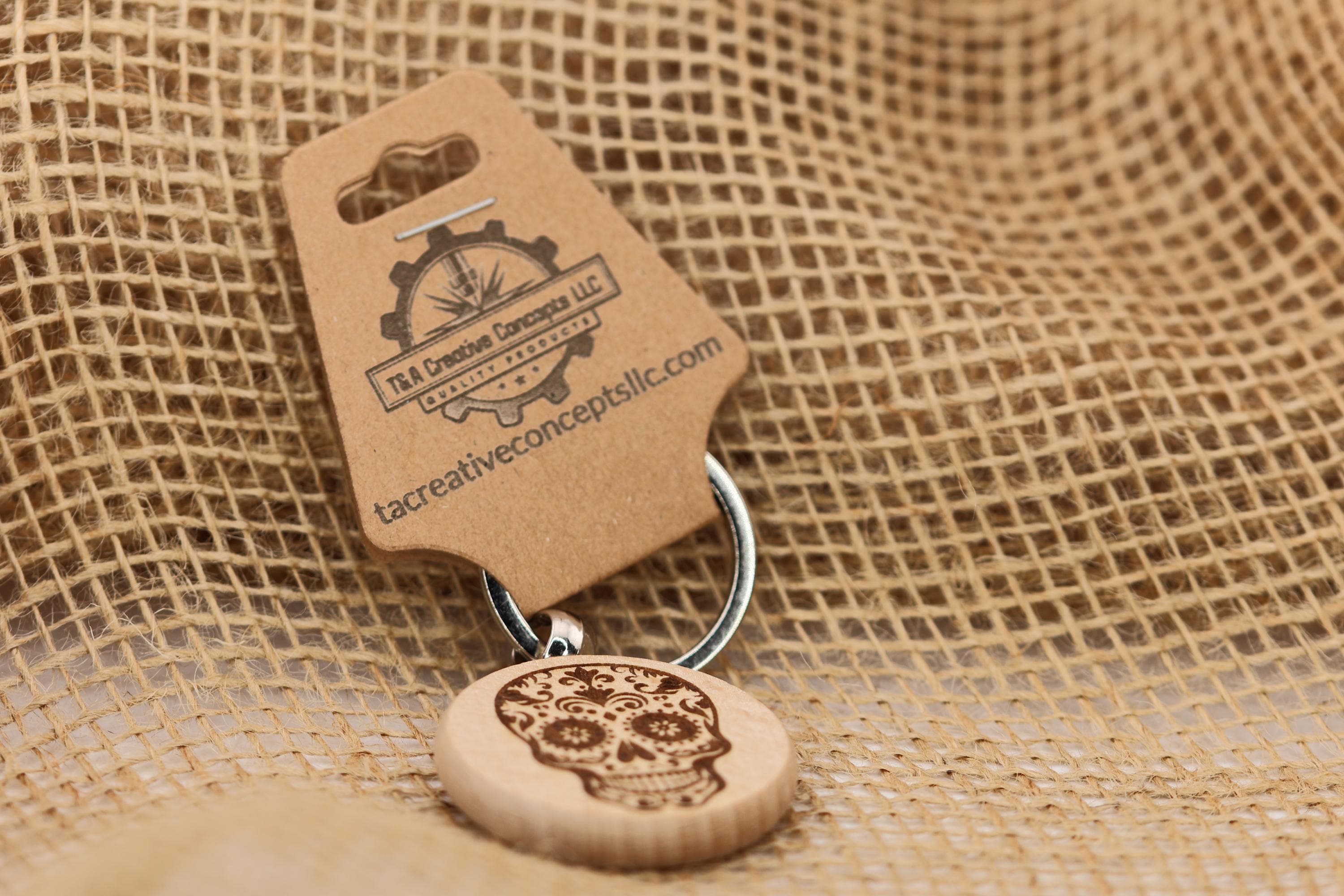 Sugar skull keychain / bag charm – double-sided laser engraved wood with stainless steel keyring, day of the dead gift