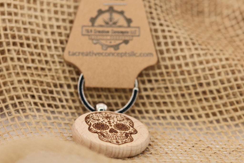 Sugar skull keychain / bag charm – double-sided laser engraved wood with stainless steel keyring, day of the dead gift