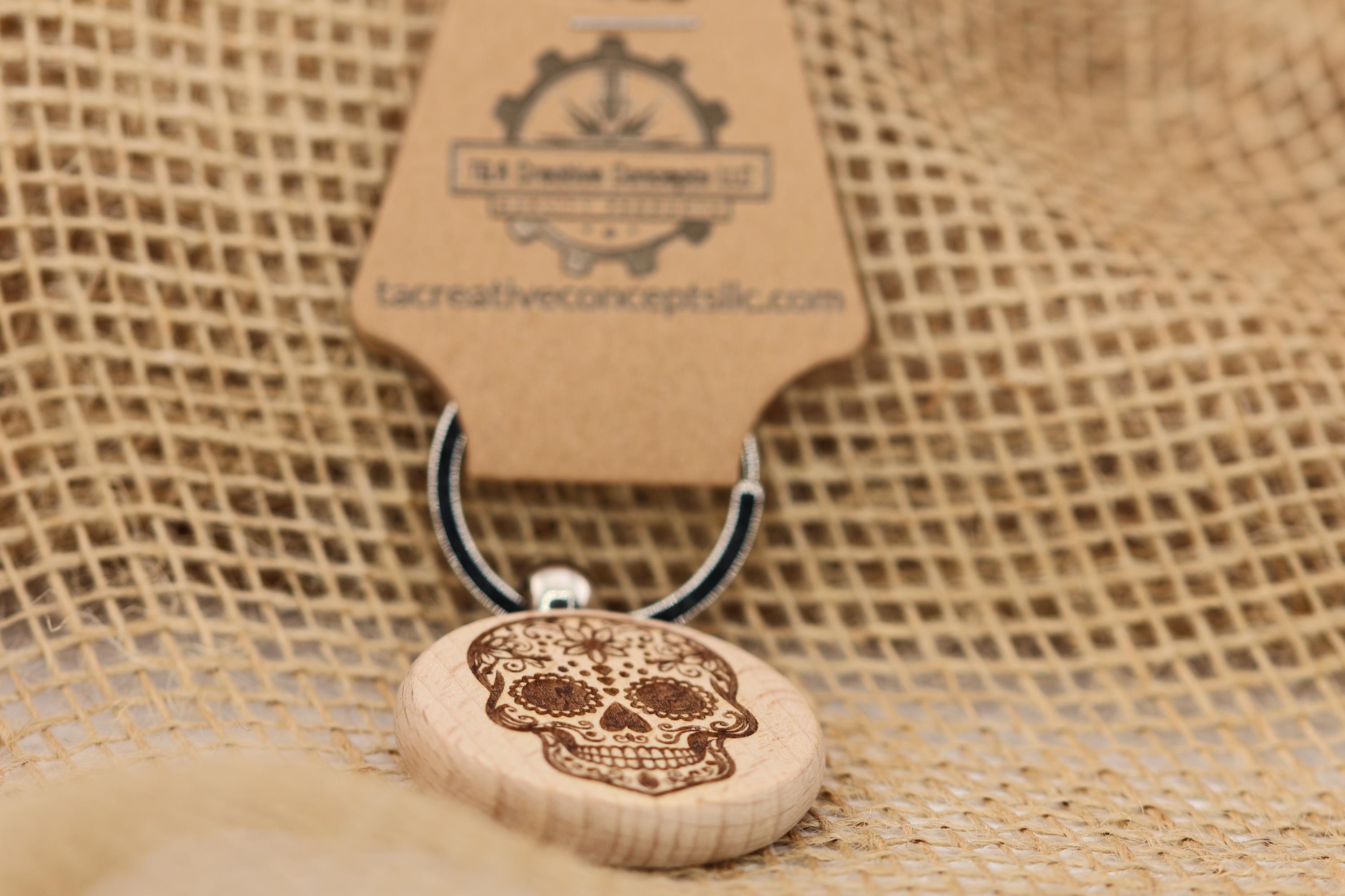 Sugar skull keychain / bag charm – double-sided laser engraved wood with stainless steel keyring, day of the dead gift