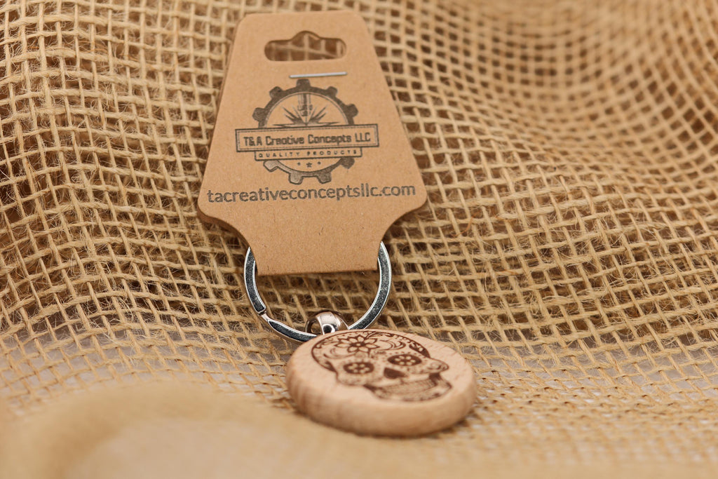 Sugar skull keychain / bag charm – double-sided laser engraved wood with stainless steel keyring, day of the dead gift