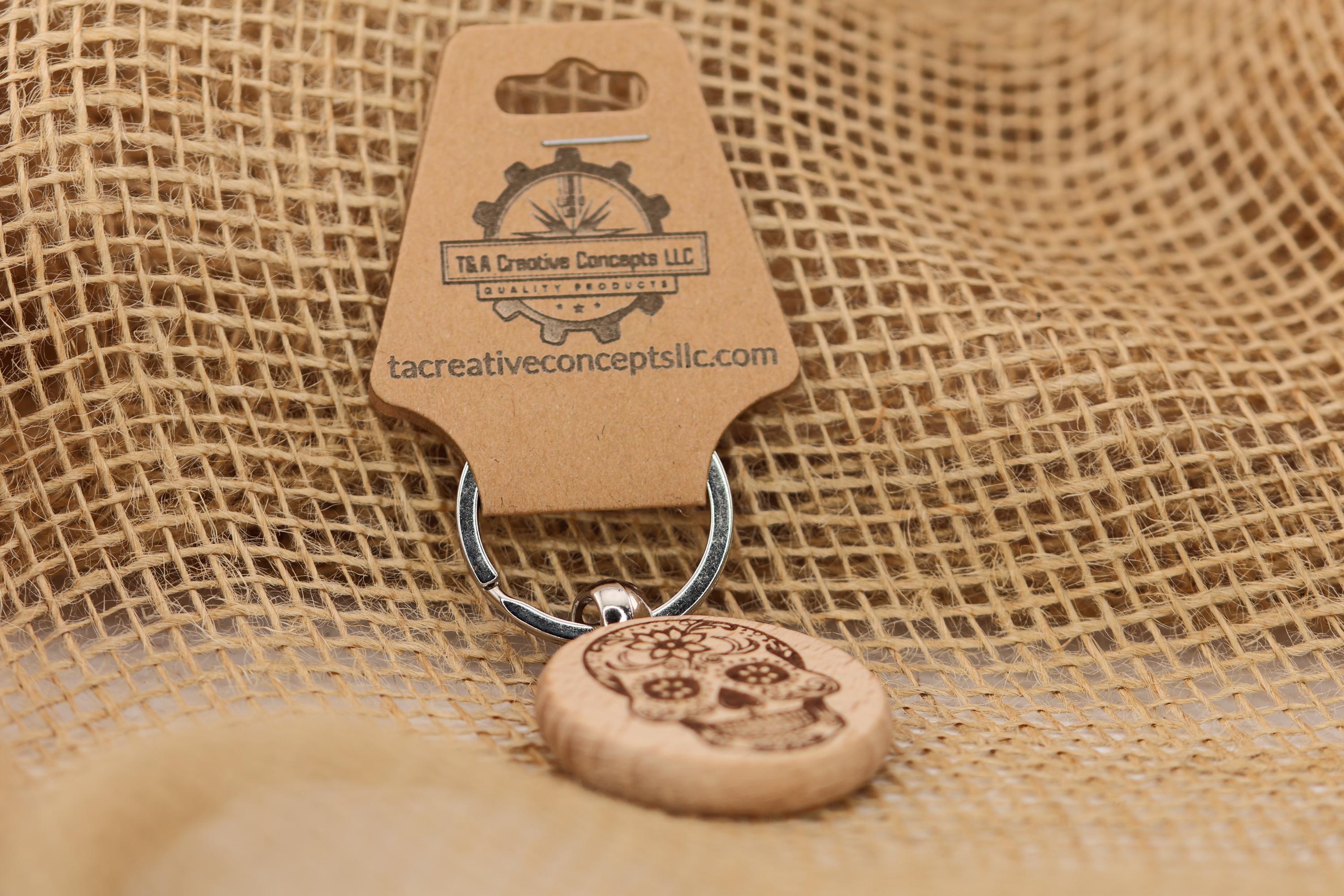 Sugar skull keychain / bag charm – double-sided laser engraved wood with stainless steel keyring, day of the dead gift