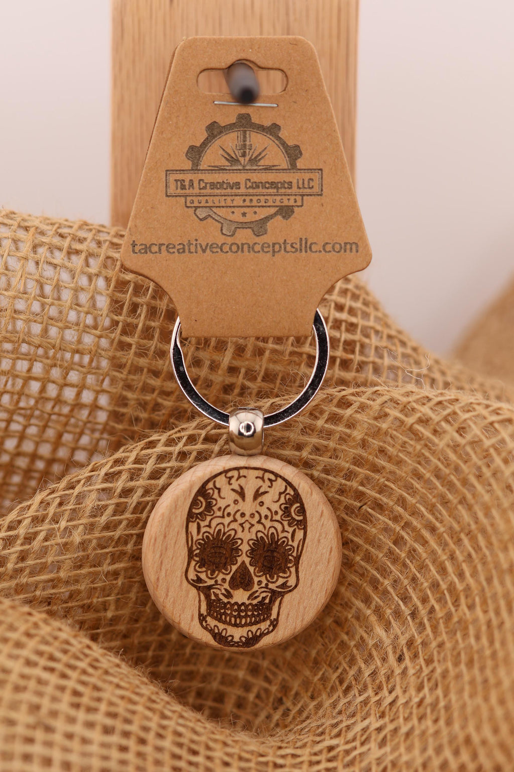 Sugar skull keychain / bag charm– double-sided laser engraved wood with stainless steel keyring, day of the dead gift