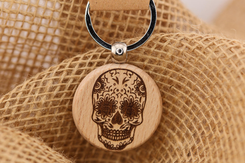 Sugar skull keychain / bag charm– double-sided laser engraved wood with stainless steel keyring, day of the dead gift