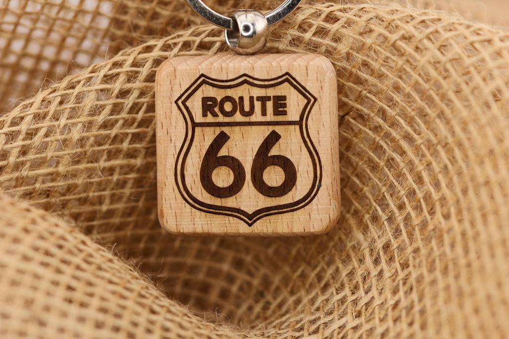 Route 66 keychain / bag charm: laser engraved hardwood, stainless steel keyring