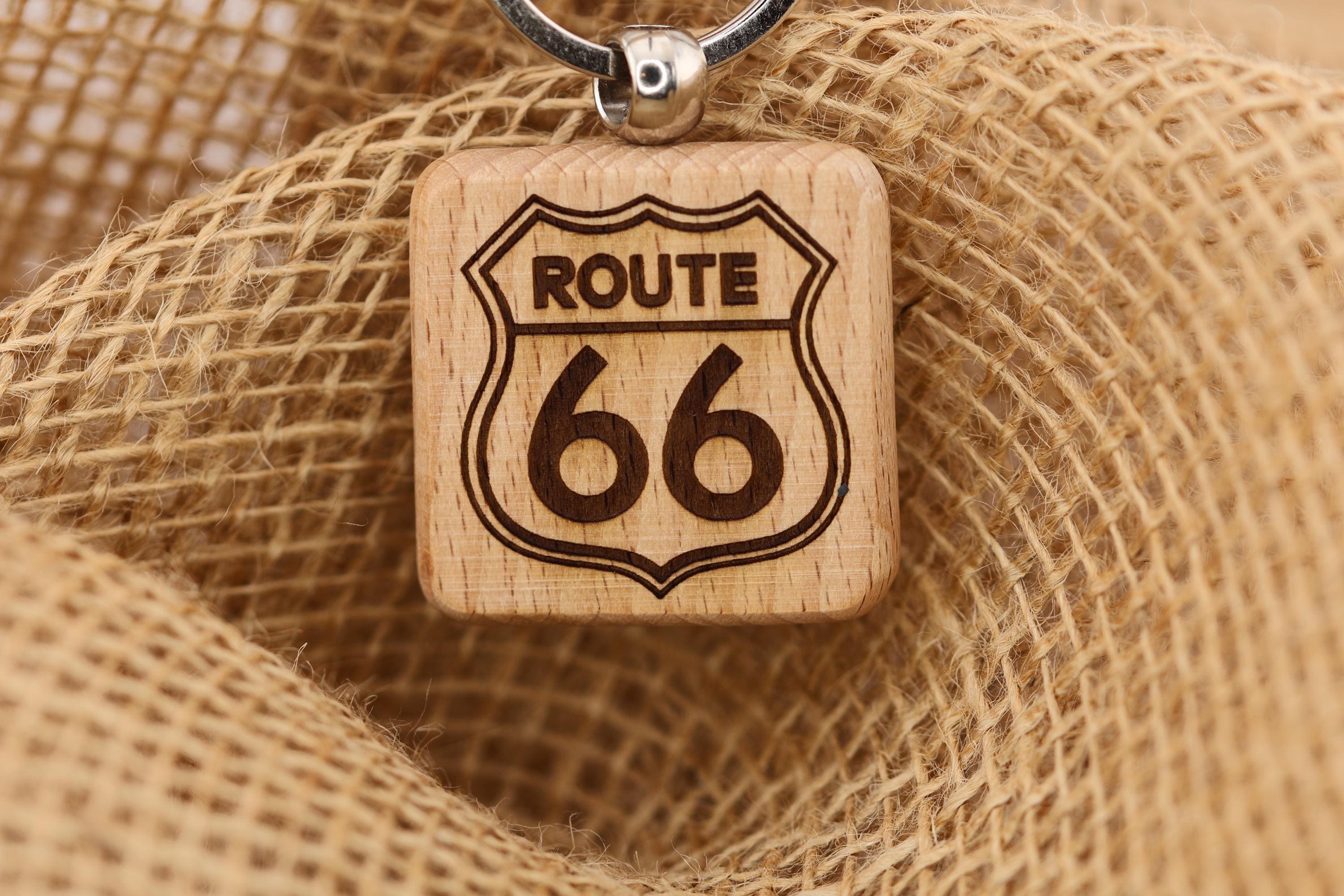 Route 66 keychain / bag charm: laser engraved hardwood, stainless steel keyring