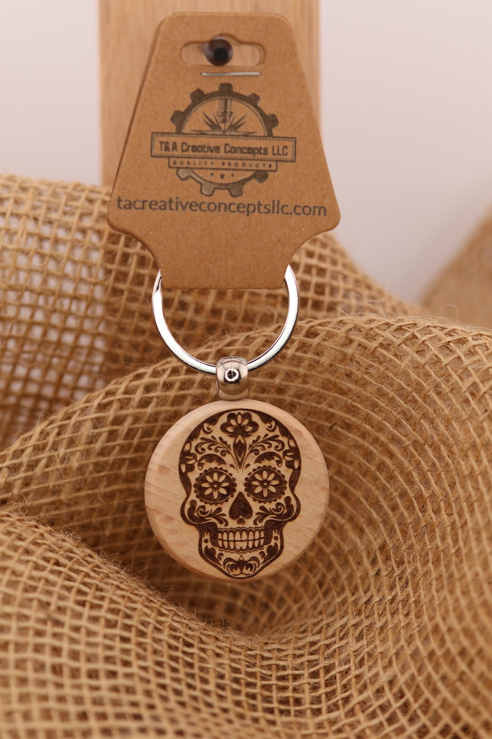 Sugar skull keychain / bag charm – double-sided laser engraved wood with stainless steel keyring, day of the dead gift