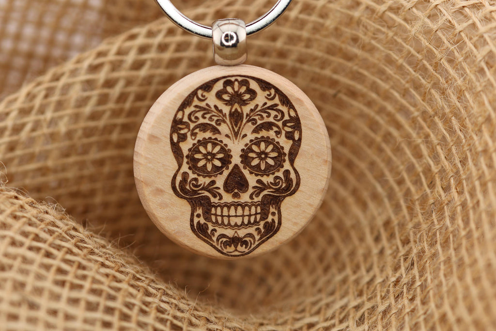 Sugar skull keychain / bag charm – double-sided laser engraved wood with stainless steel keyring, day of the dead gift