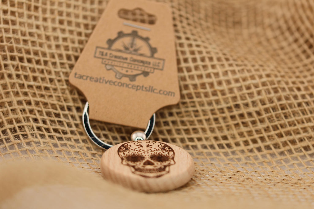 Sugar skull keychain / bag charm– double-sided laser engraved wood with stainless steel keyring, day of the dead gift