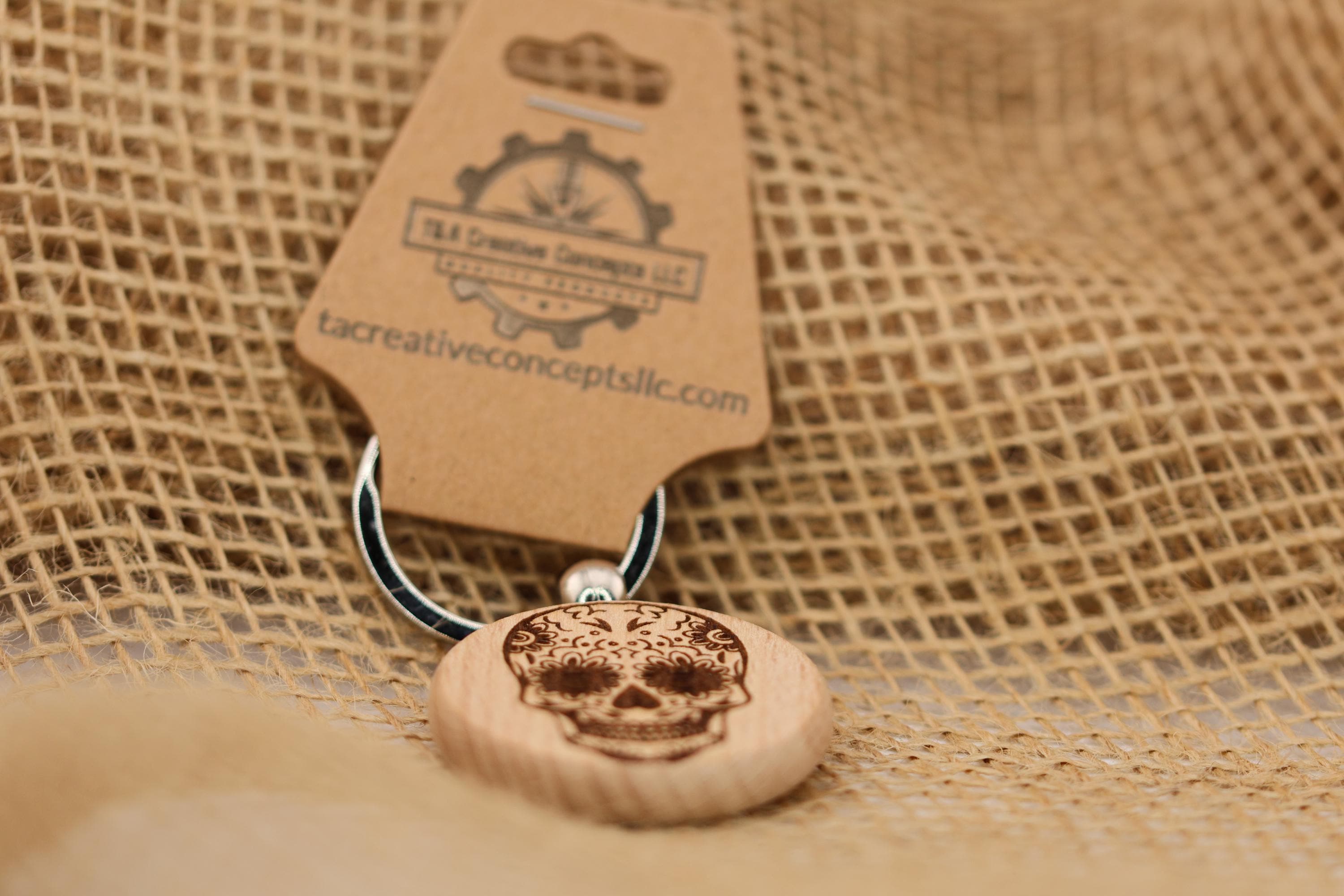 Sugar skull keychain / bag charm– double-sided laser engraved wood with stainless steel keyring, day of the dead gift