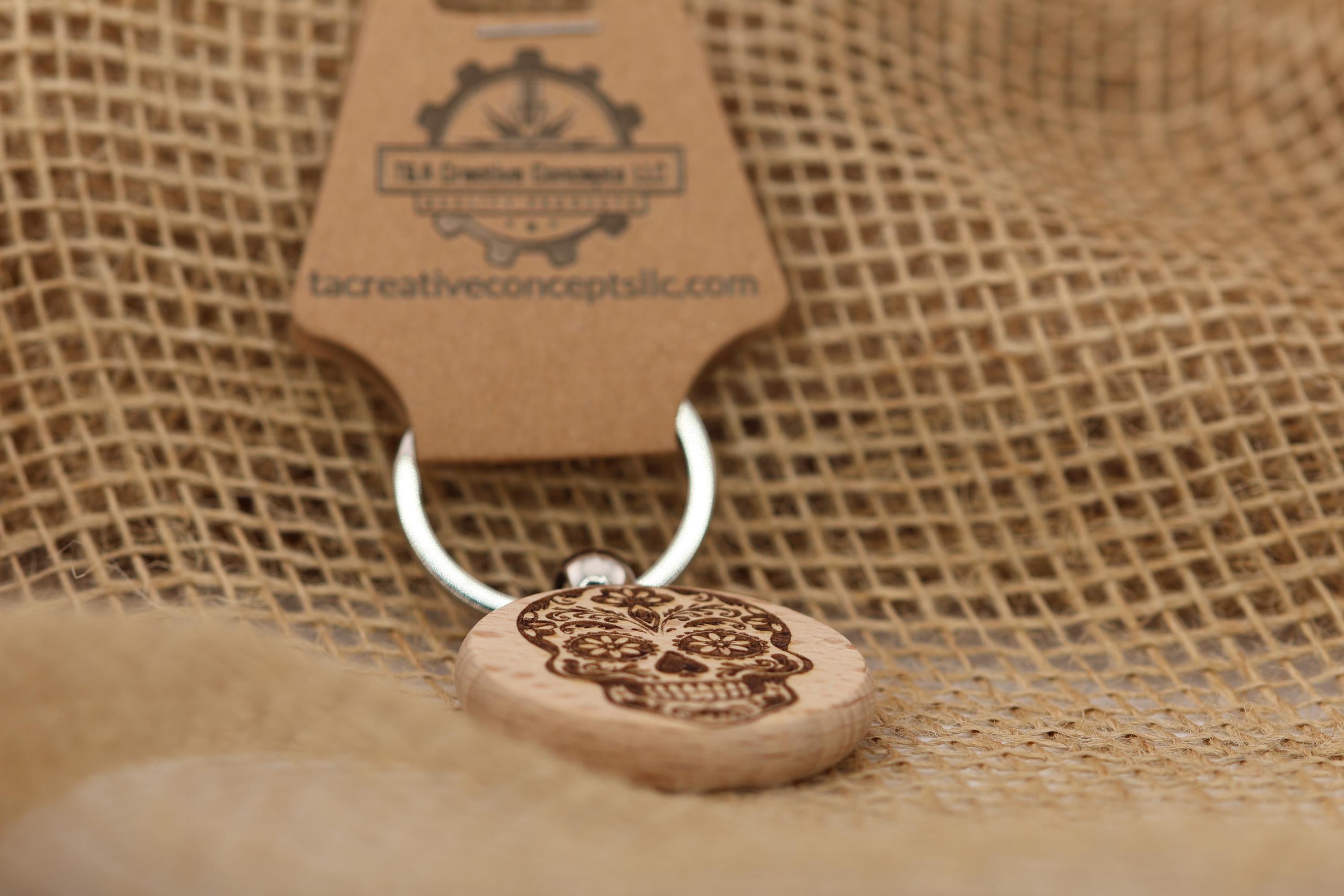Sugar skull keychain / bag charm – double-sided laser engraved wood with stainless steel keyring, day of the dead gift