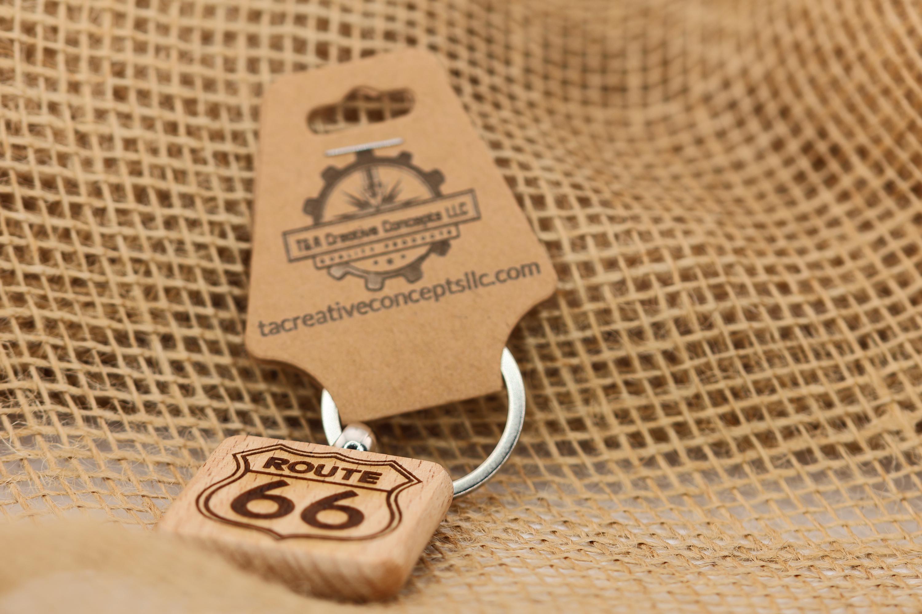 Route 66 keychain / bag charm: laser engraved hardwood, stainless steel keyring