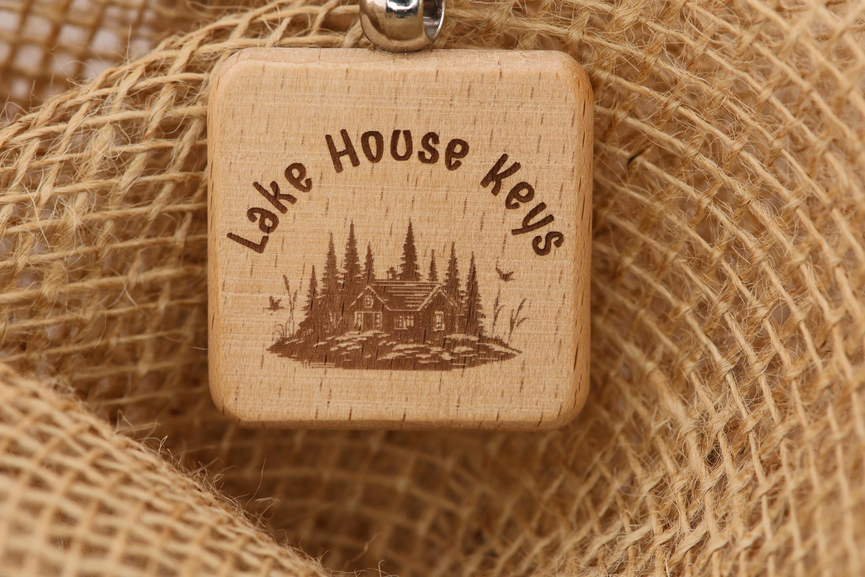 Lake house keys keychain: double-sided engraved hardwood, stainless steel keyring