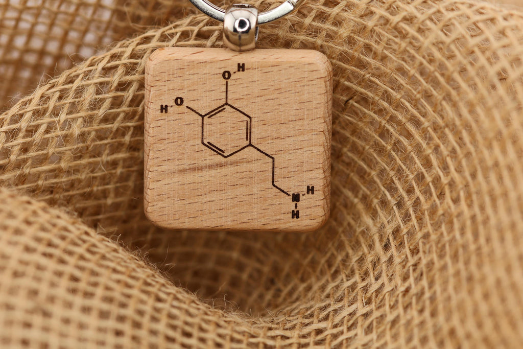 Dopamine keychain / bag charm: laser engraved hardwood, science gift