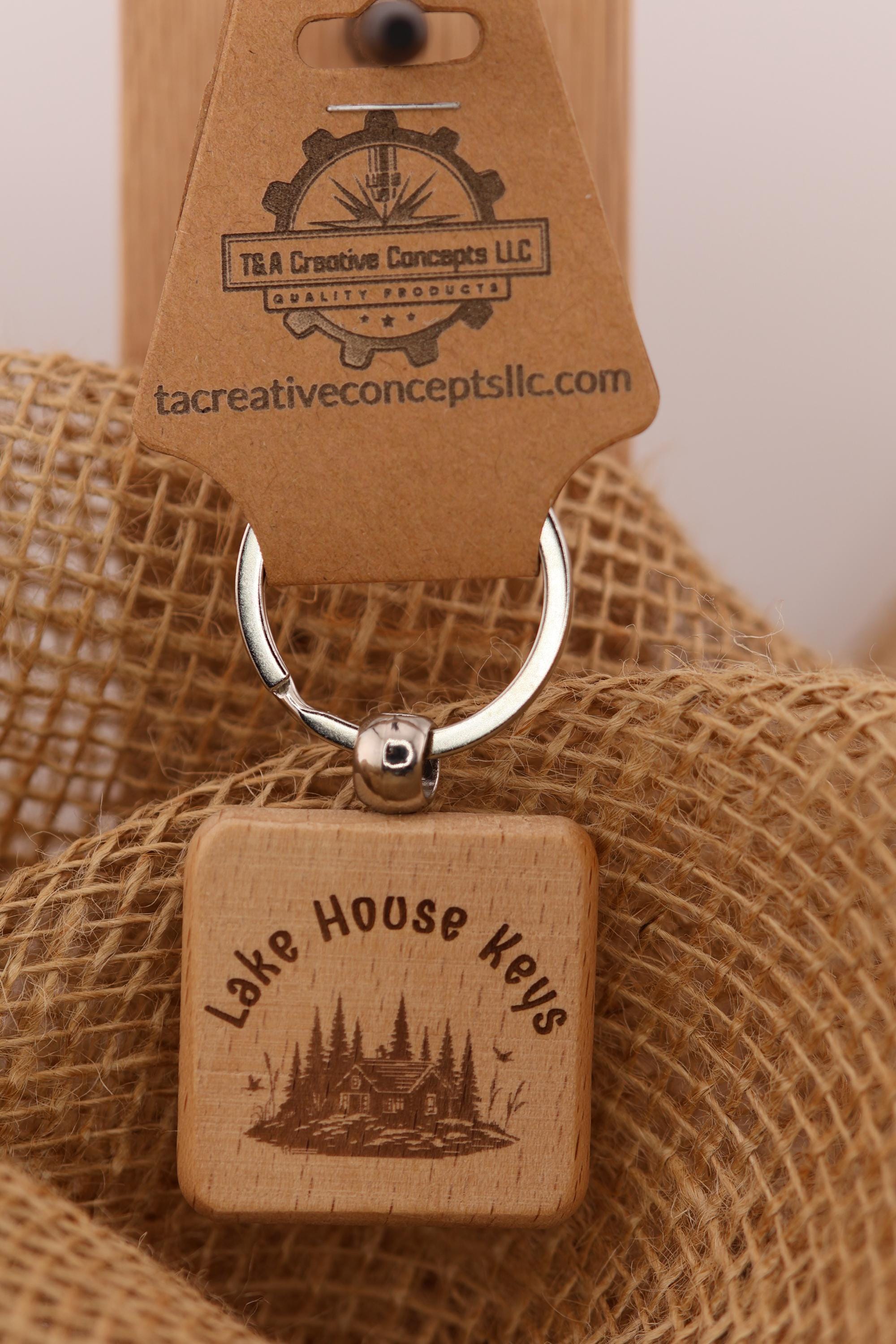 Lake house keys keychain: double-sided engraved hardwood, stainless steel keyring