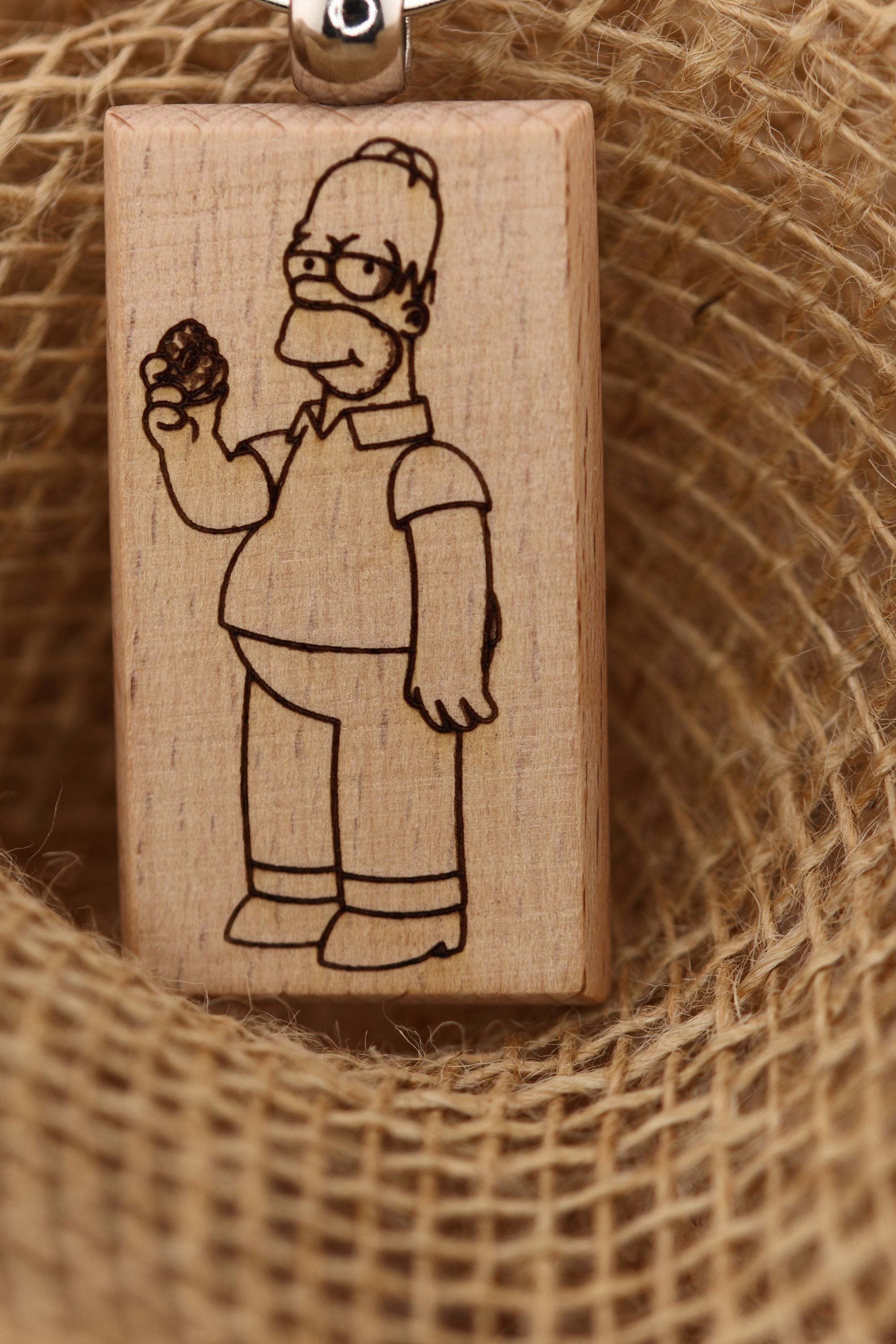 Laser engraved Homer Simpson keychain / bag charm: double-sided hardwood, stainless steel keyring