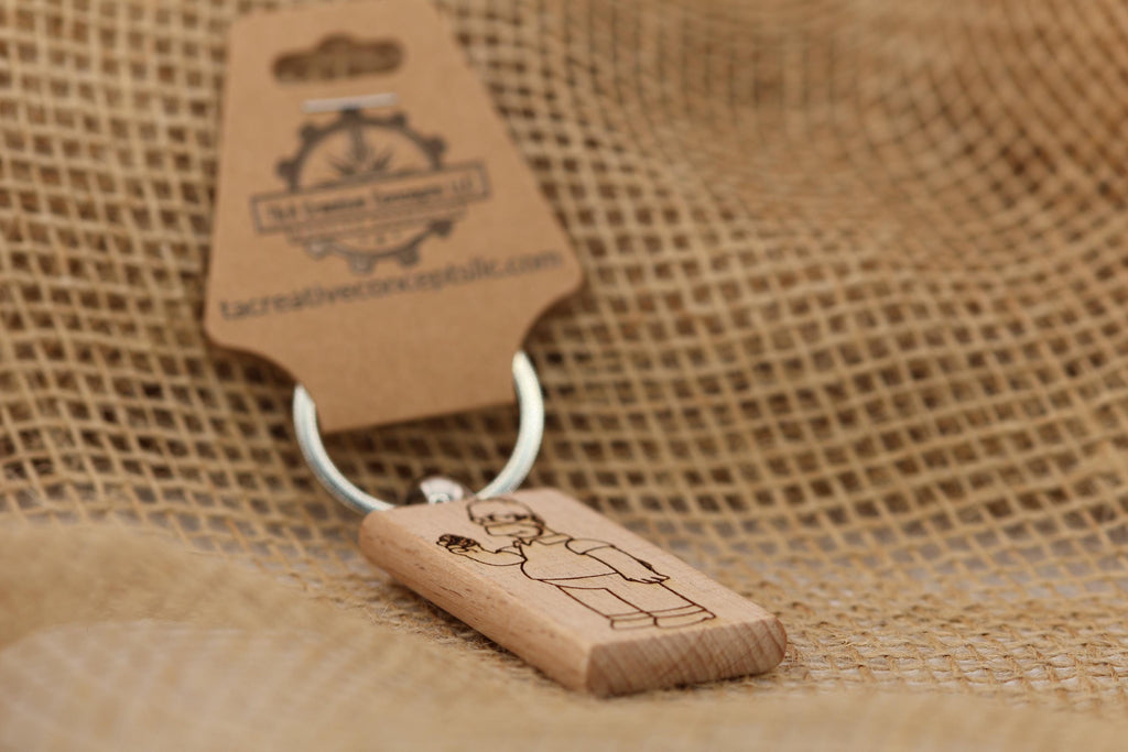Laser engraved Homer Simpson keychain / bag charm: double-sided hardwood, stainless steel keyring