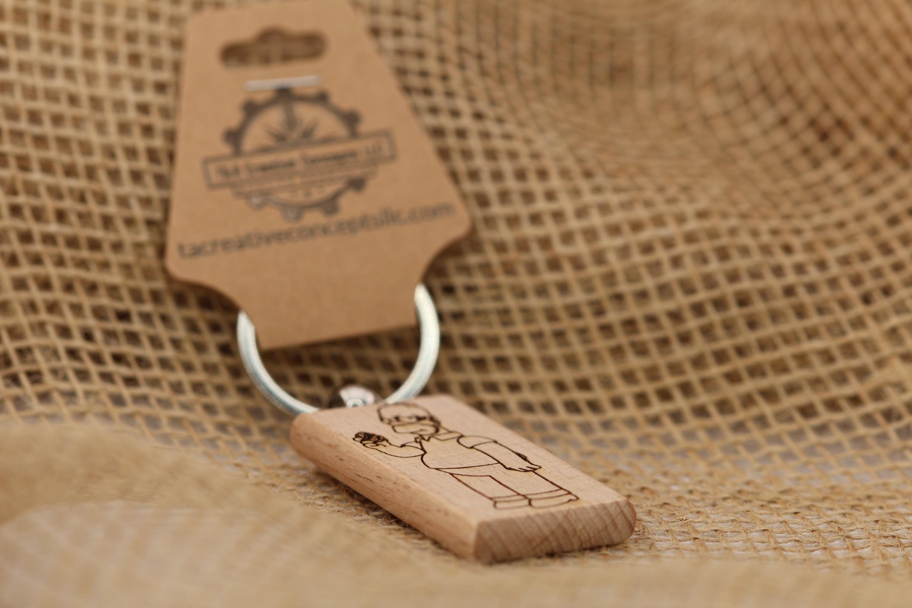 Laser engraved Homer Simpson keychain / bag charm: double-sided hardwood, stainless steel keyring