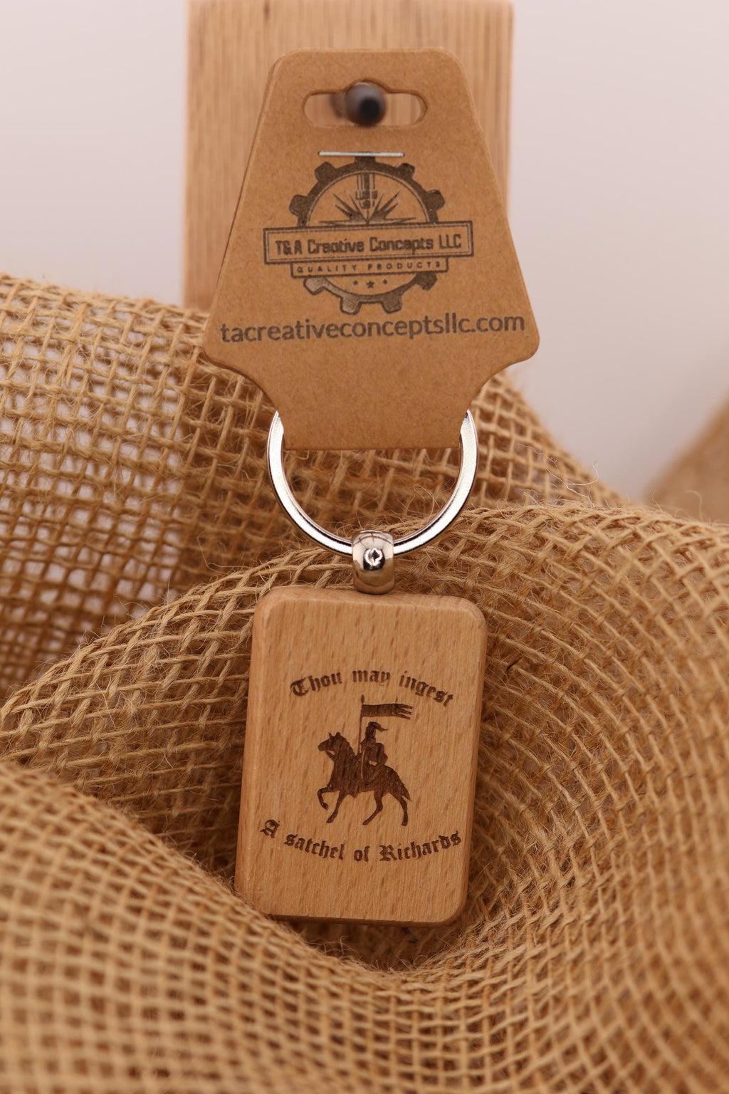 Funny "Thou may ingest a satchel of richards" keychain / bag charm: laser engraved hardwood, novelty gift