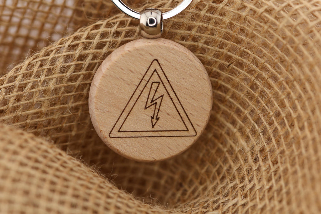 Electrical shock hazard keychain / bag charm: laser engraved wood, stainless steel keyring