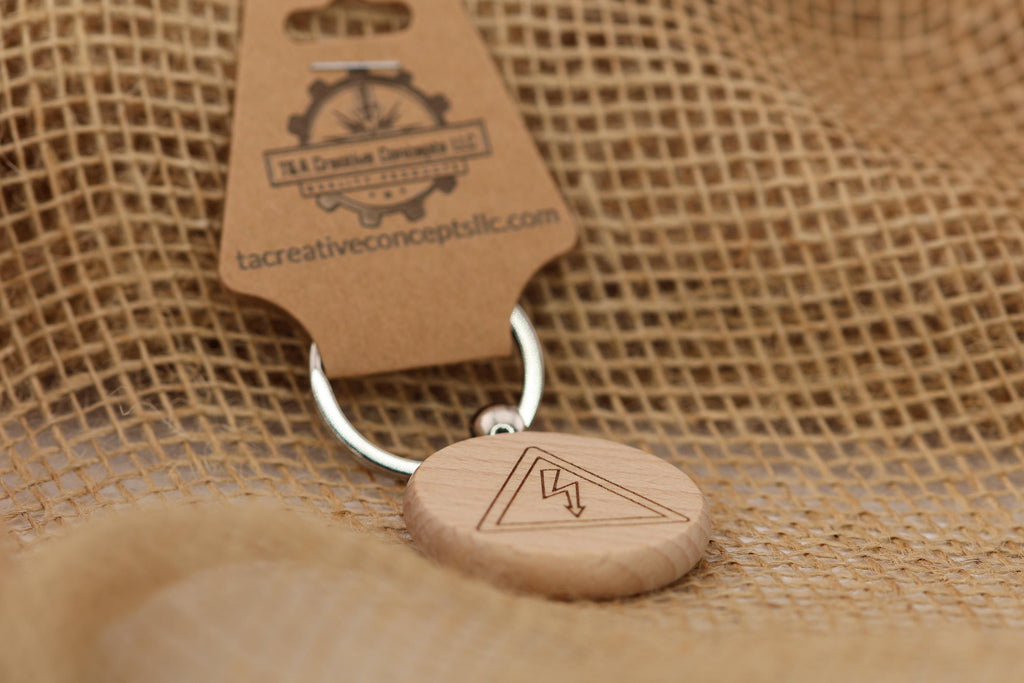 Electrical shock hazard keychain / bag charm: laser engraved wood, stainless steel keyring