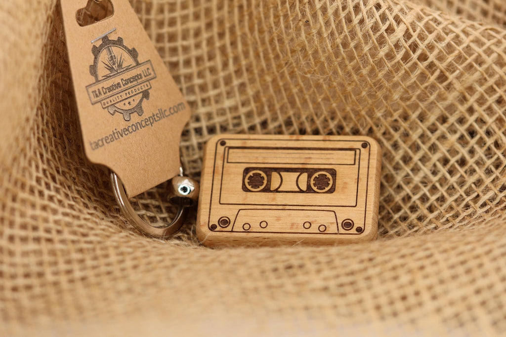 Laser engraved wood cassette tape keychain / bag charm: retro music gift