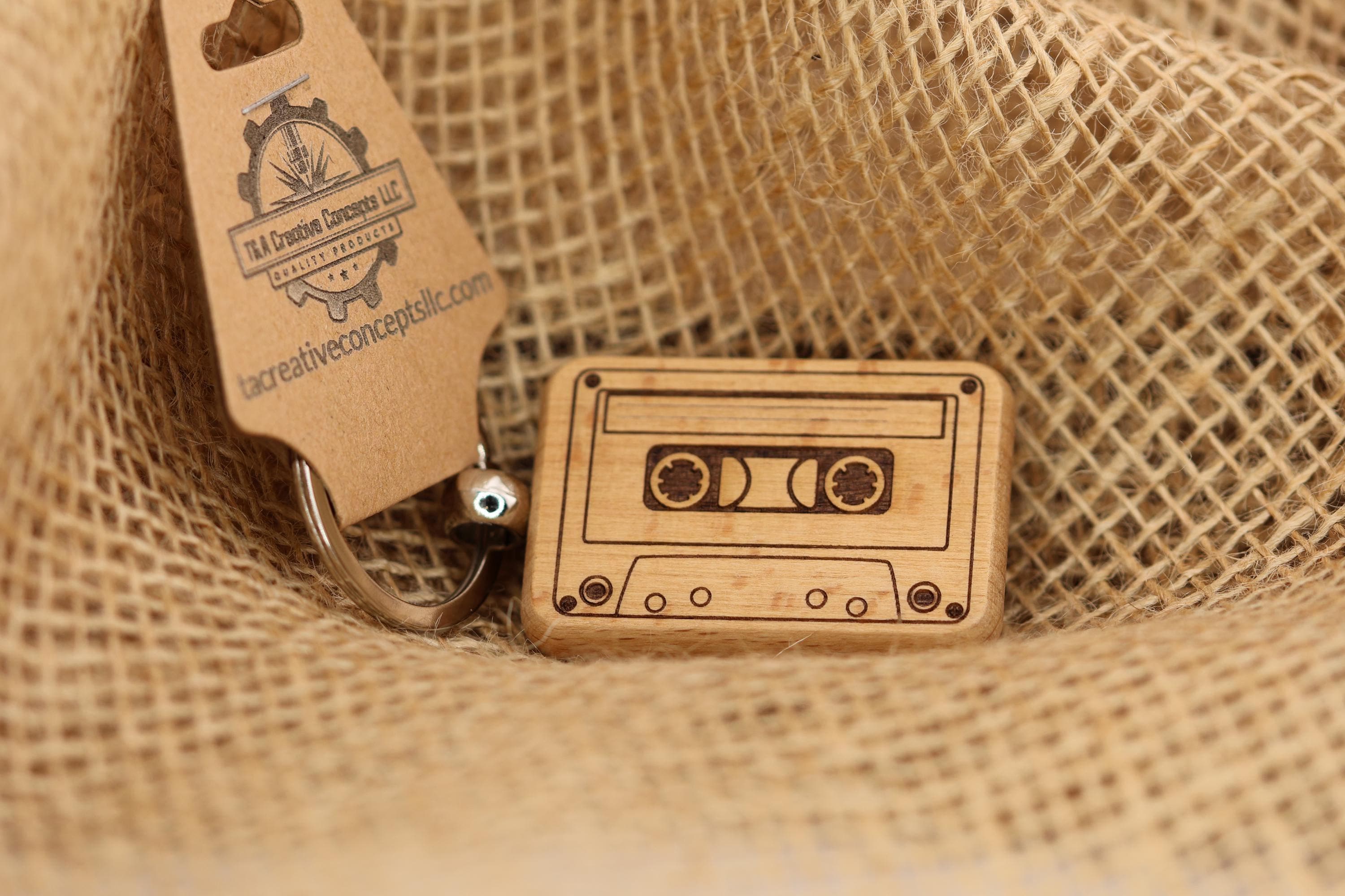 Laser engraved wood cassette tape keychain / bag charm: retro music gift