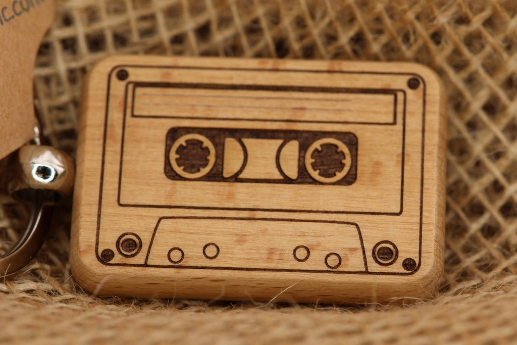 Laser engraved wood cassette tape keychain / bag charm: retro music gift