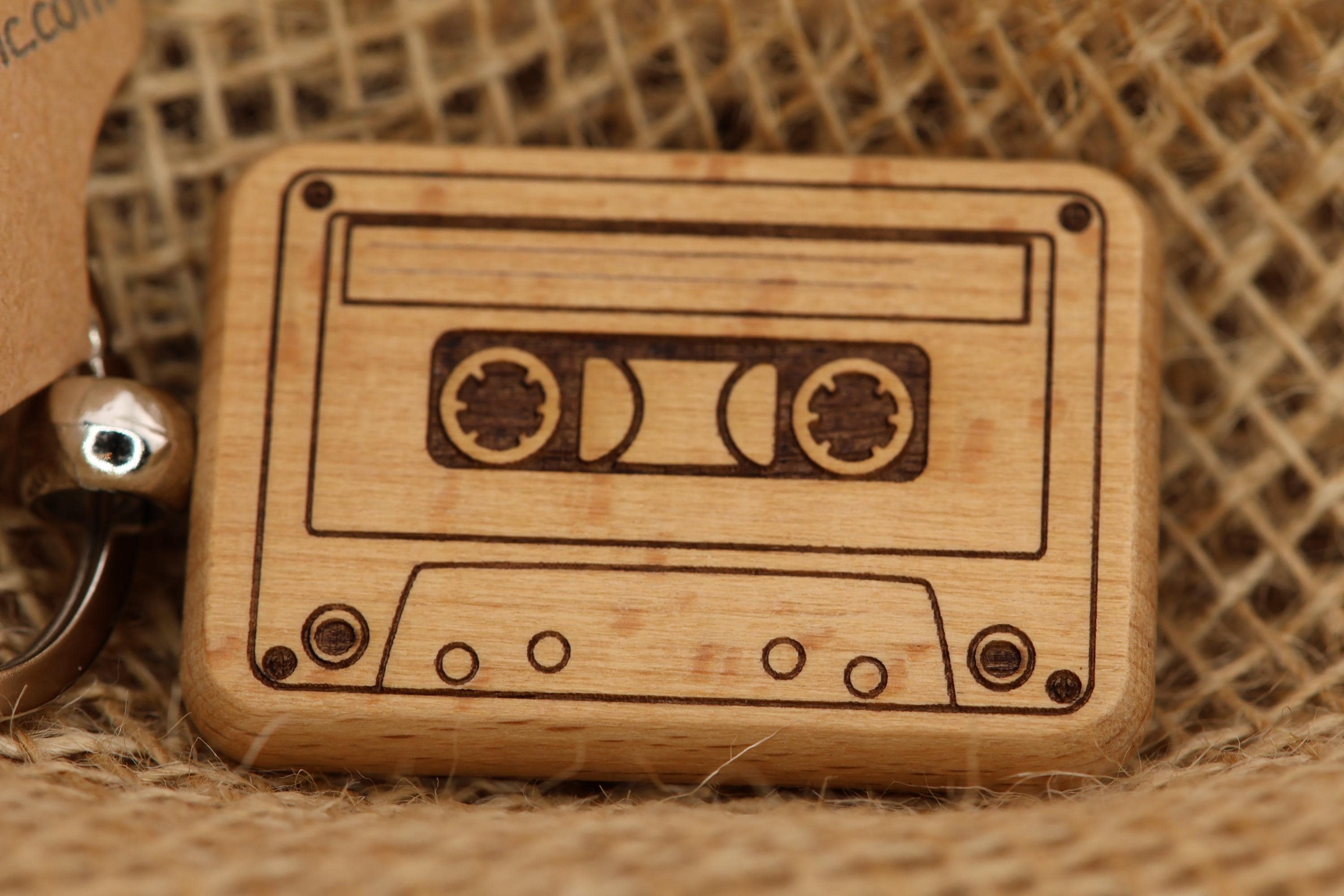 Laser engraved wood cassette tape keychain / bag charm: retro music gift