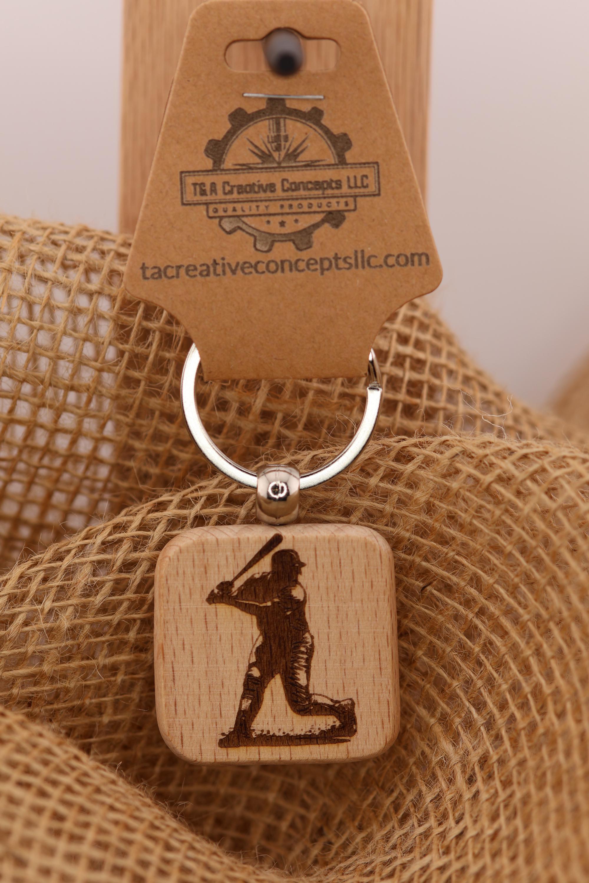Laser engraved wood baseball batter keychain / bag charm: stainless steel keyring
