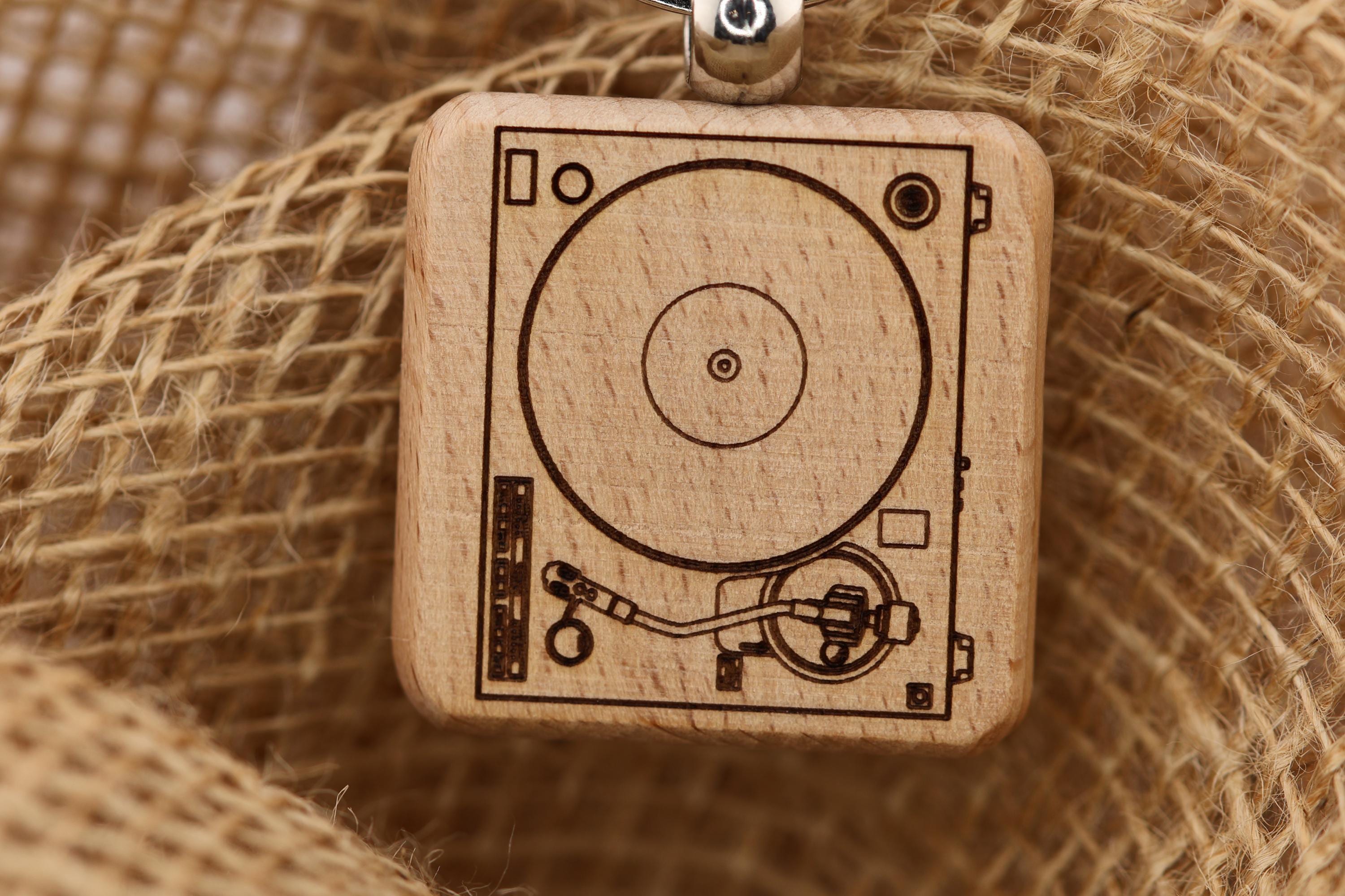 Laser engraved wood record turntable keychain / bag charm: music lover gift