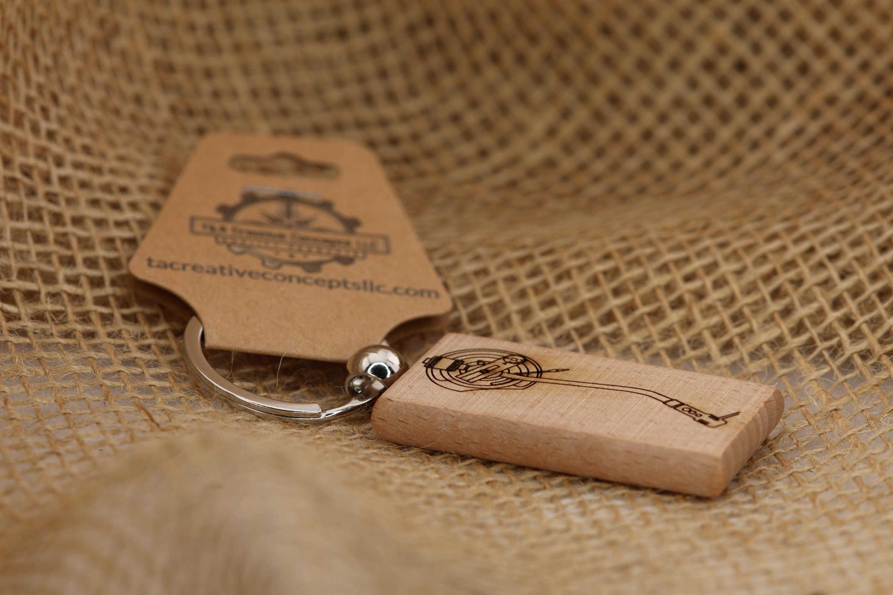 Turntable tonearm keychain / bag charm: laser engraved wood & stainless steel
