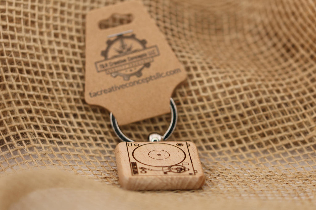 Laser engraved wood record turntable keychain / bag charm: music lover gift