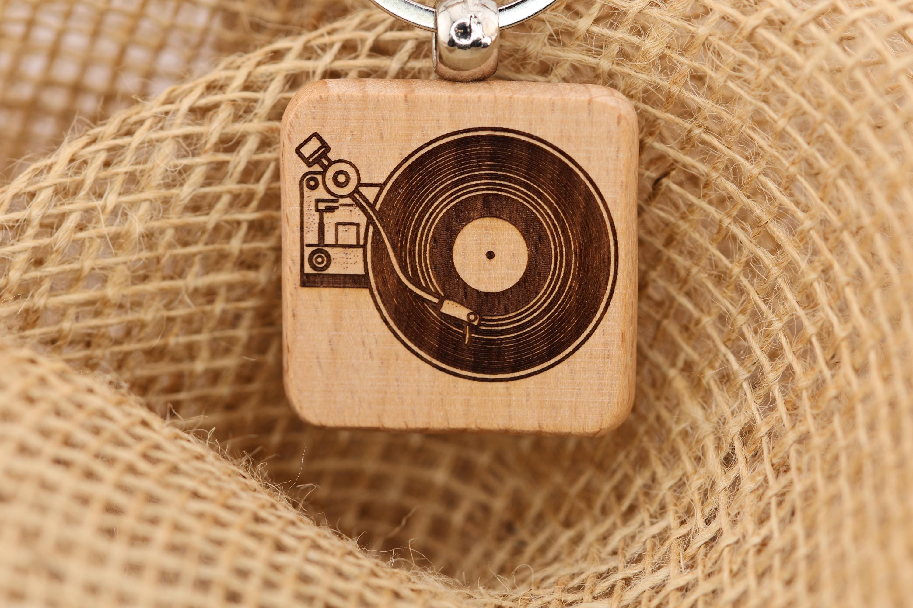 Laser engraved wood record turntable keychain / bag charm: music lover gift