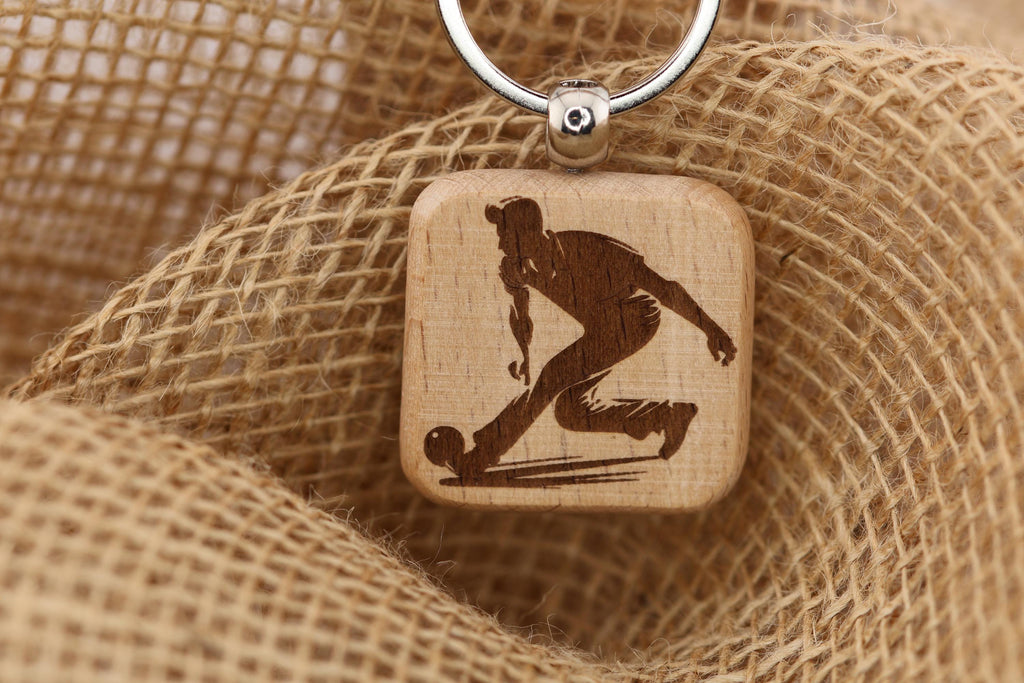Laser engraved wood bowling keychain / bag charm: stainless steel keyring, sports gift