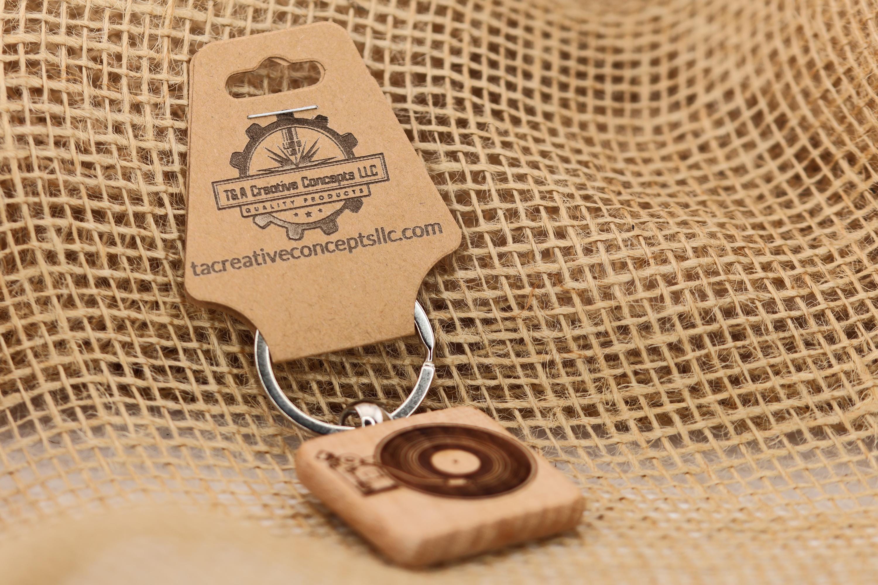 Laser engraved wood record turntable keychain / bag charm: music lover gift