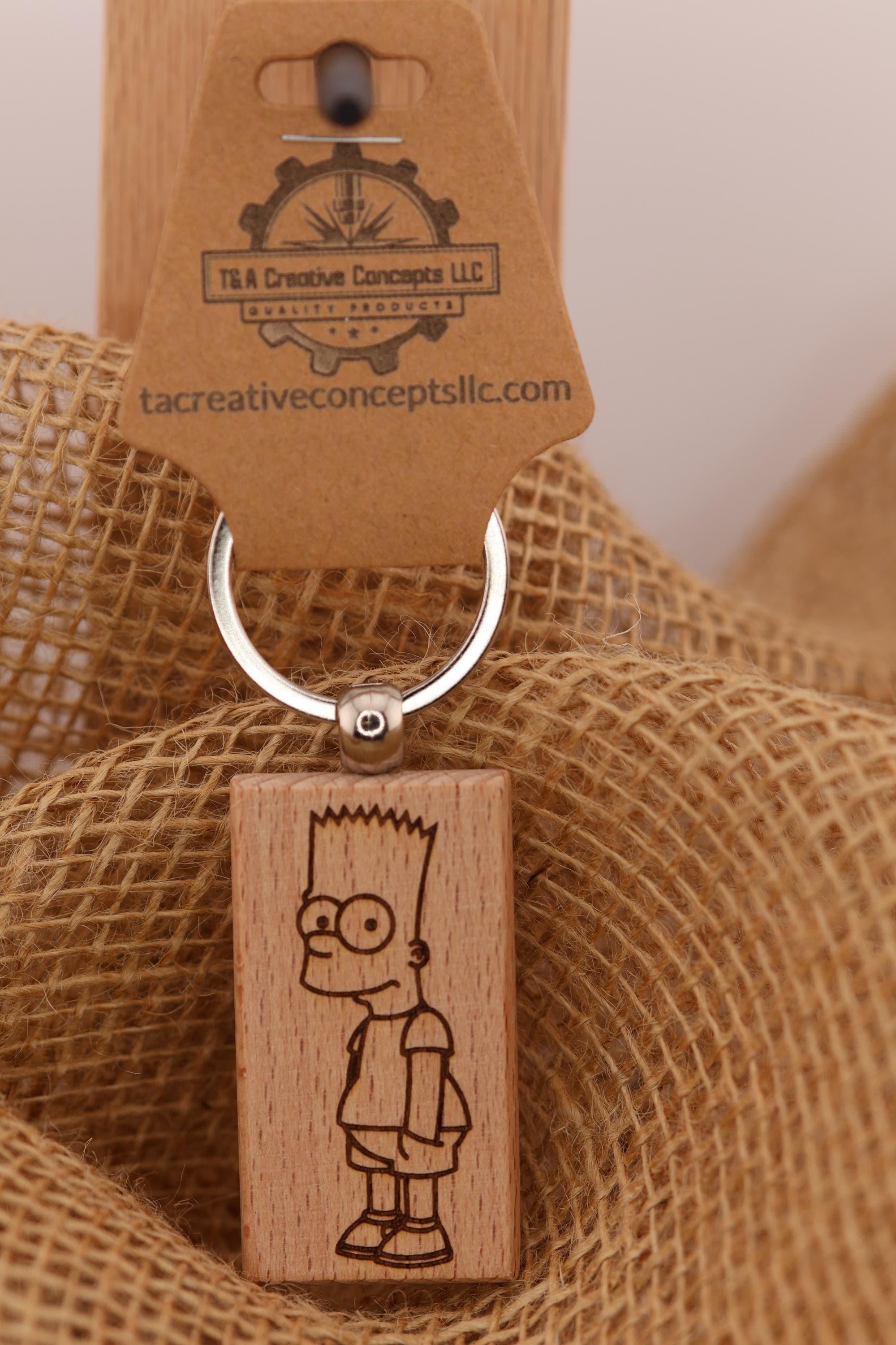 Laser engraved Bart Simpson keychain / bag charm: hardwood, stainless steel keyring