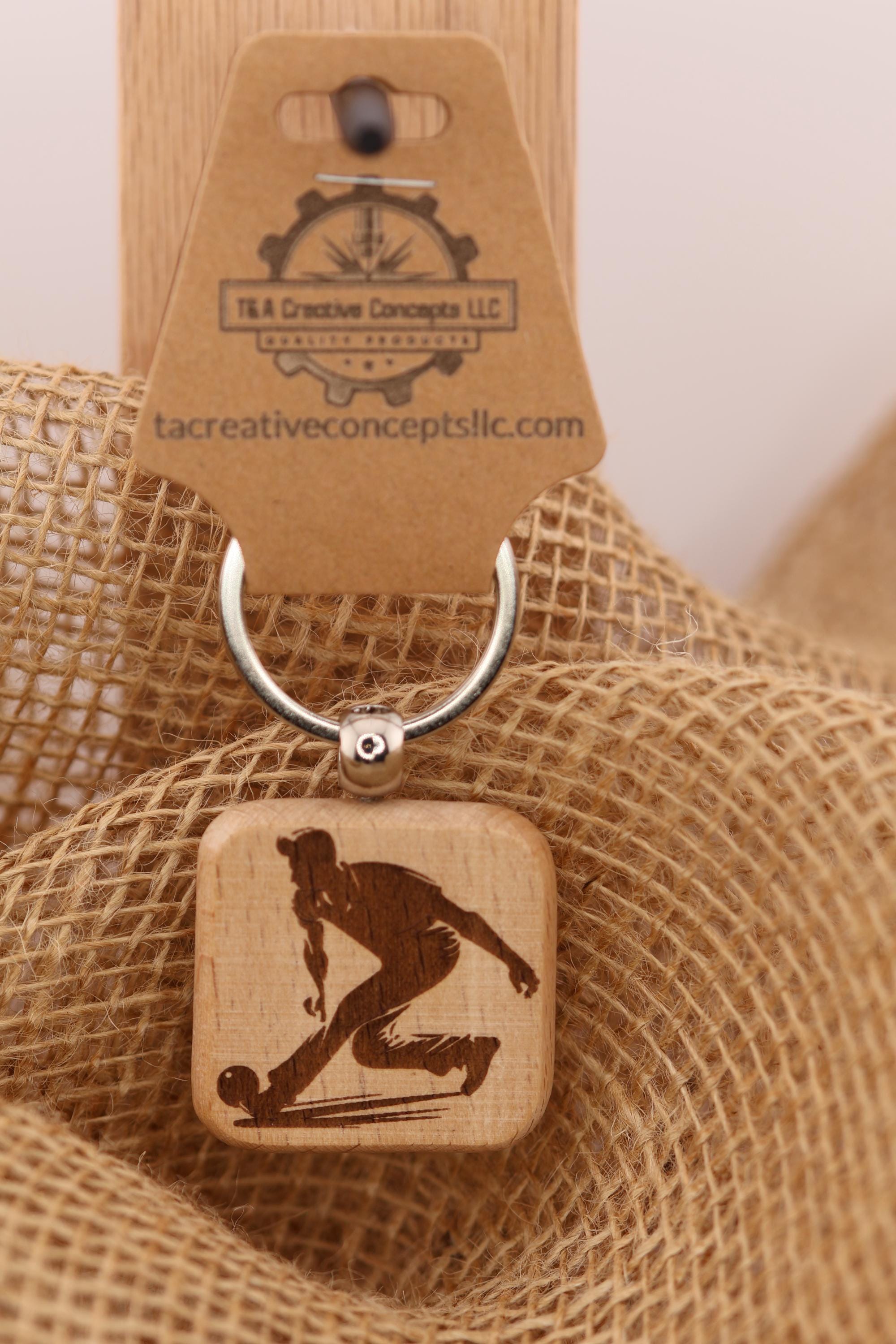 Laser engraved wood bowling keychain / bag charm: stainless steel keyring, sports gift