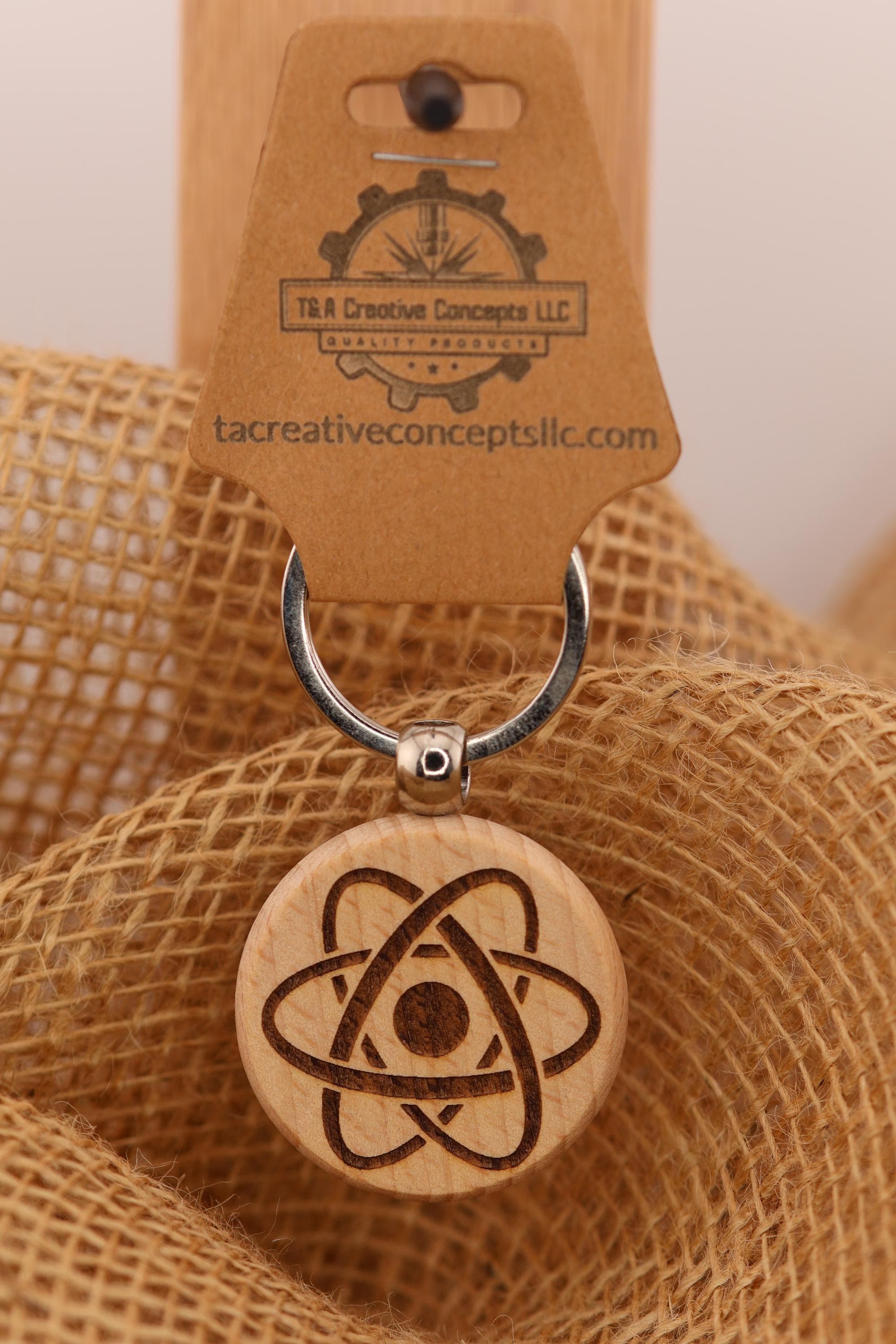 Laser engraved atomic symbol keychain / bag charm: hardwood science gift