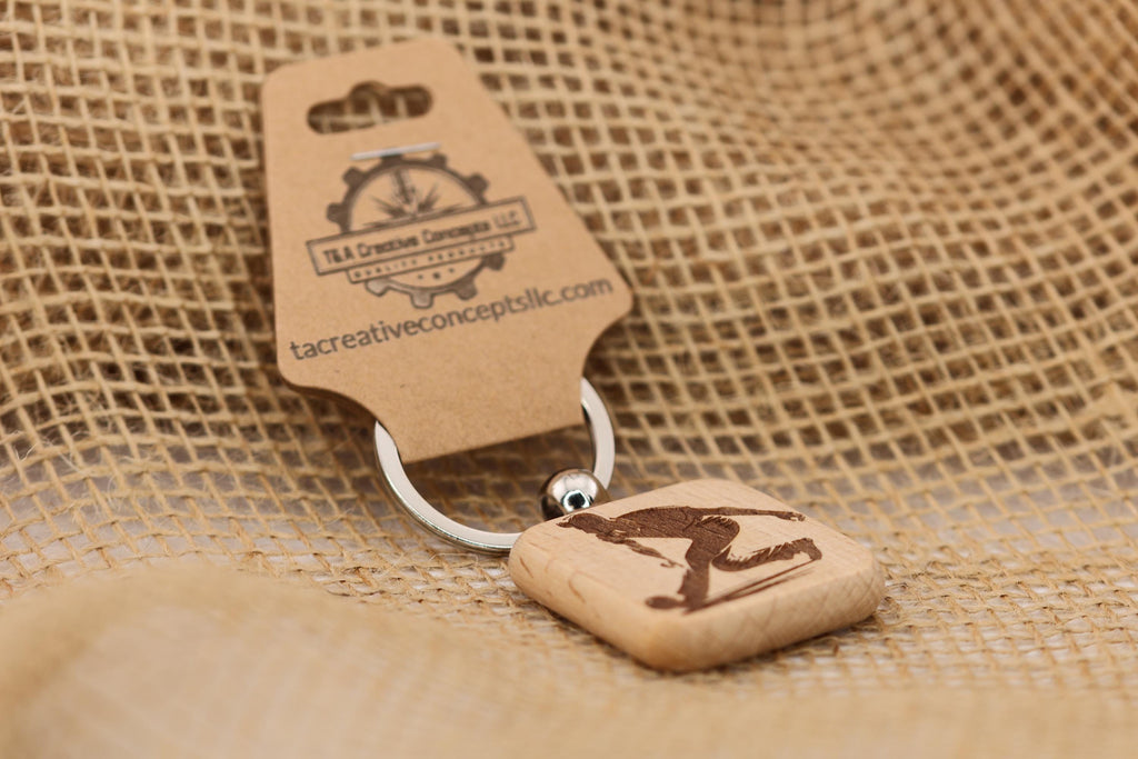 Laser engraved wood bowling keychain / bag charm: stainless steel keyring, sports gift