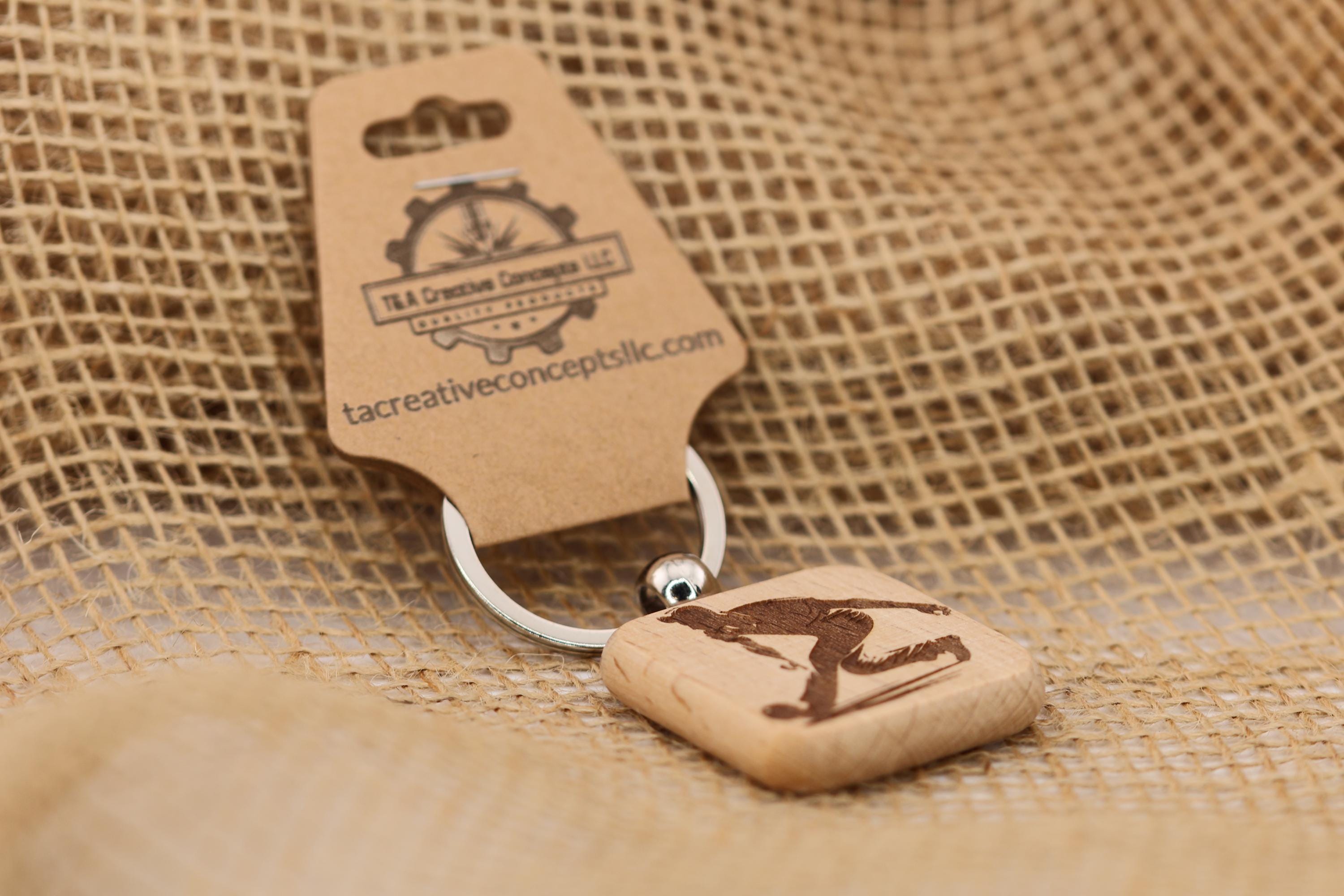 Laser engraved wood bowling keychain / bag charm: stainless steel keyring, sports gift