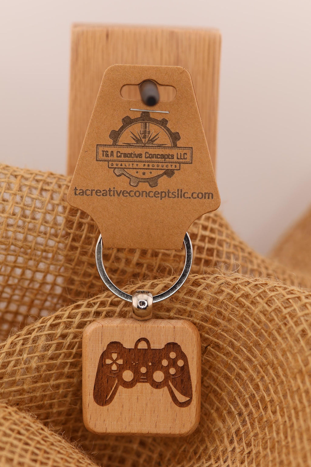Playstation controller keychain / bag charm – double-sided laser engraved wood with stainless steel keyring, gamer gift