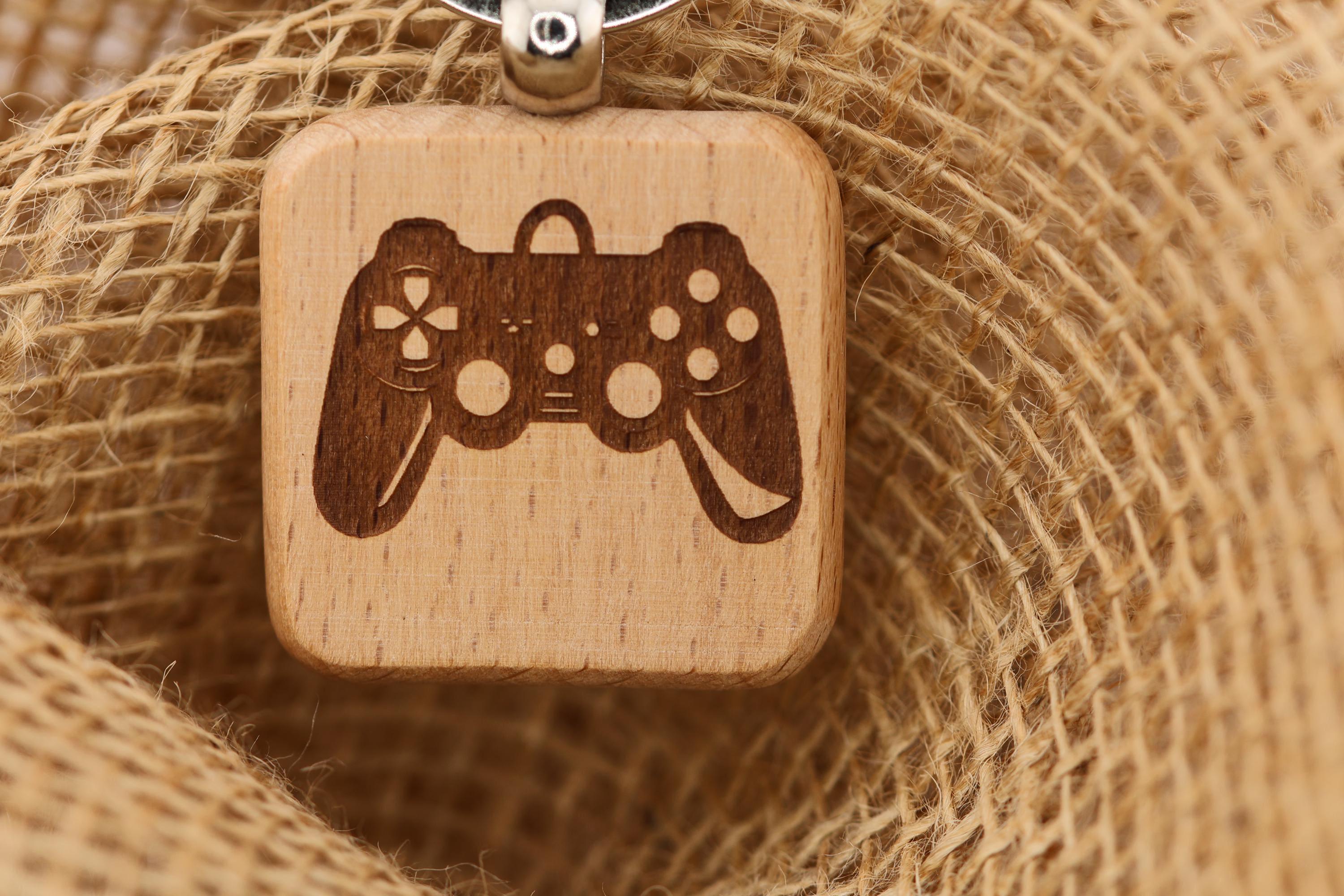 Playstation controller keychain / bag charm – double-sided laser engraved wood with stainless steel keyring, gamer gift