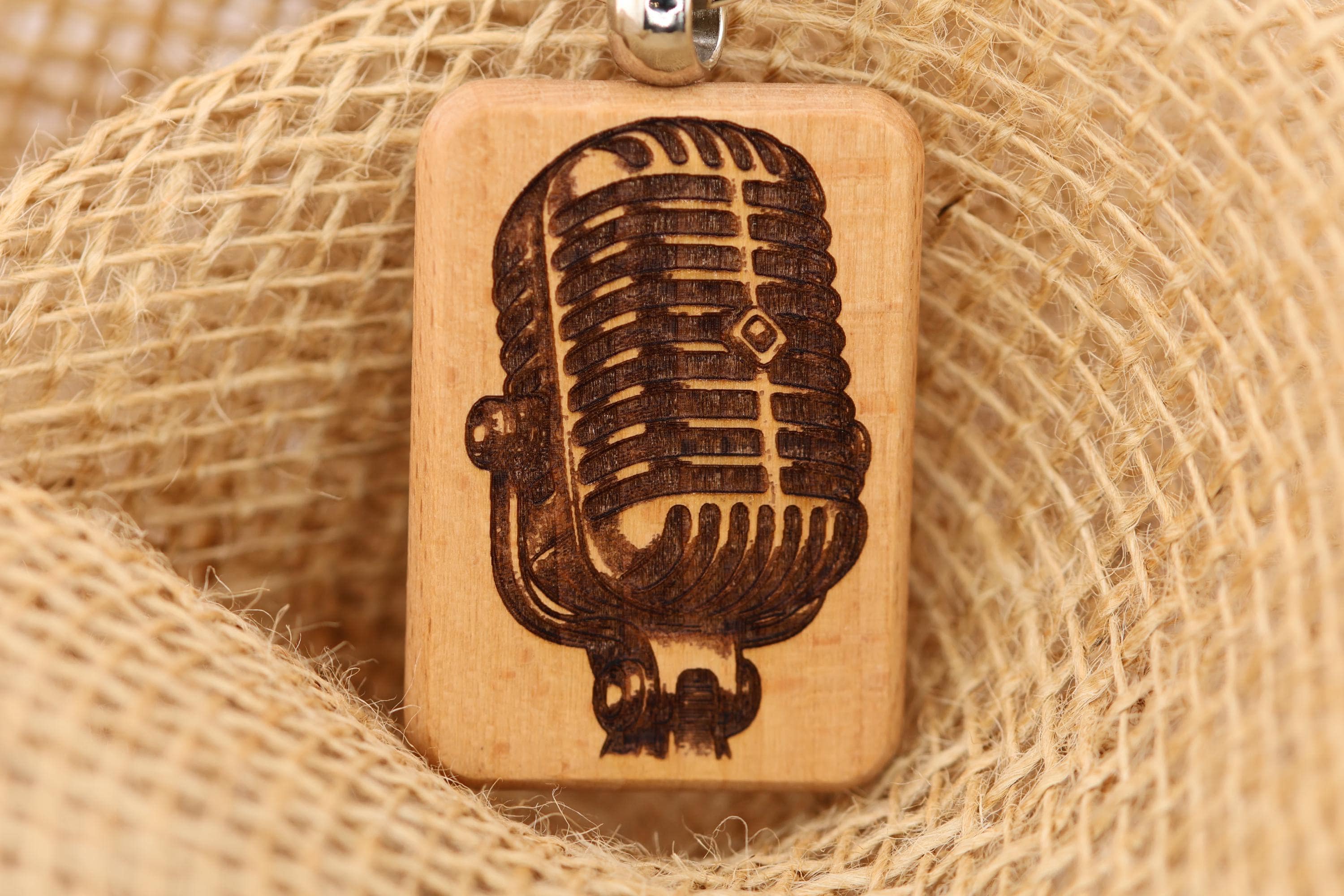 Laser engraved hardwood microphone keychain / bag charm: singer musician gift