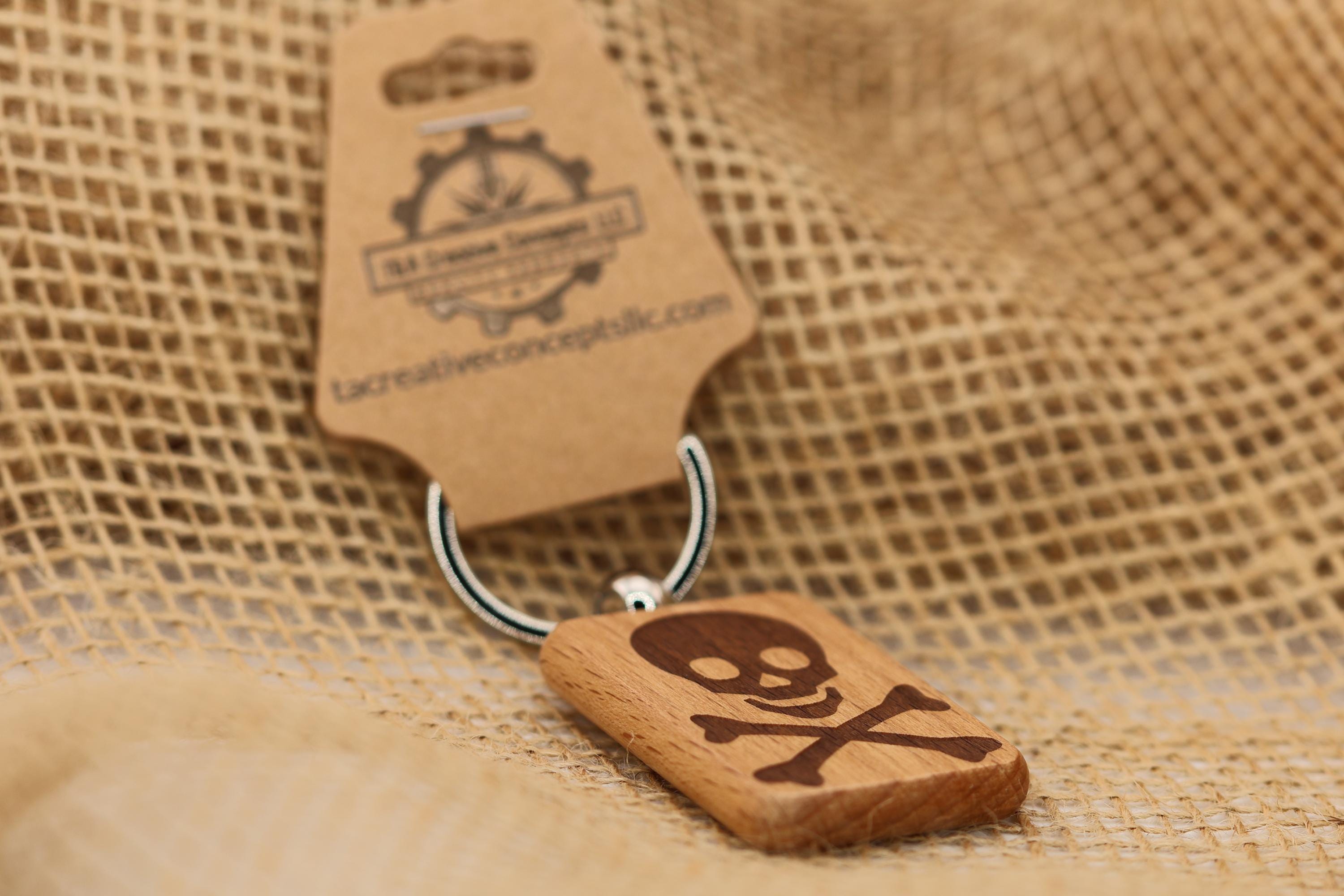 Laser engraved skull & crossbones keychain / bag charm: hardwood gothic pirate gift