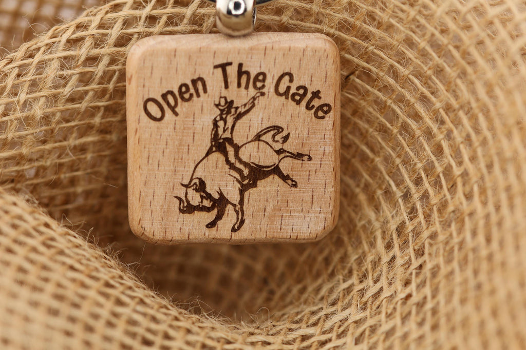 Open the gate rodeo keychain / Bag Charm: laser engraved hardwood, cowboy gift