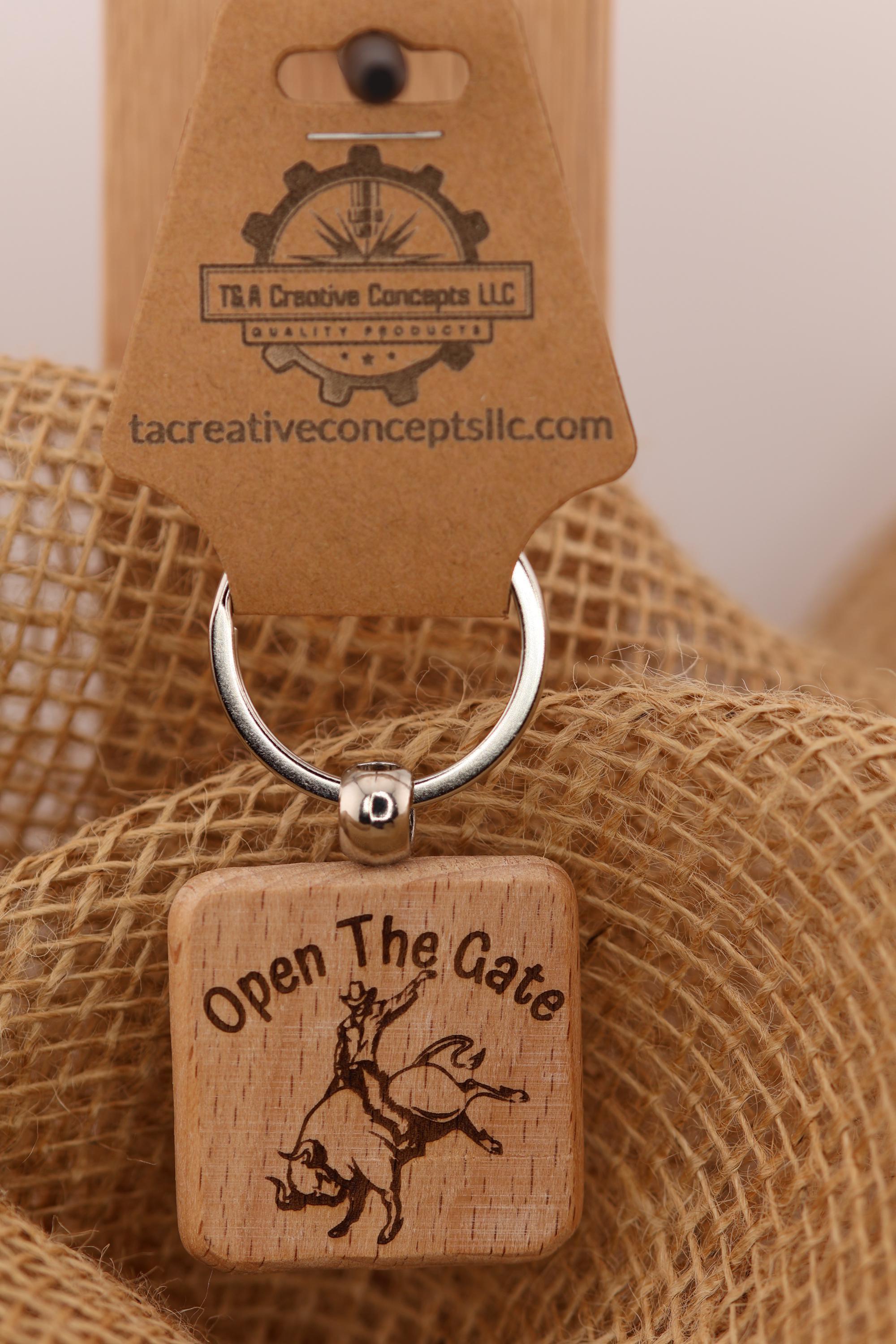 Open the gate rodeo keychain / Bag Charm: laser engraved hardwood, cowboy gift